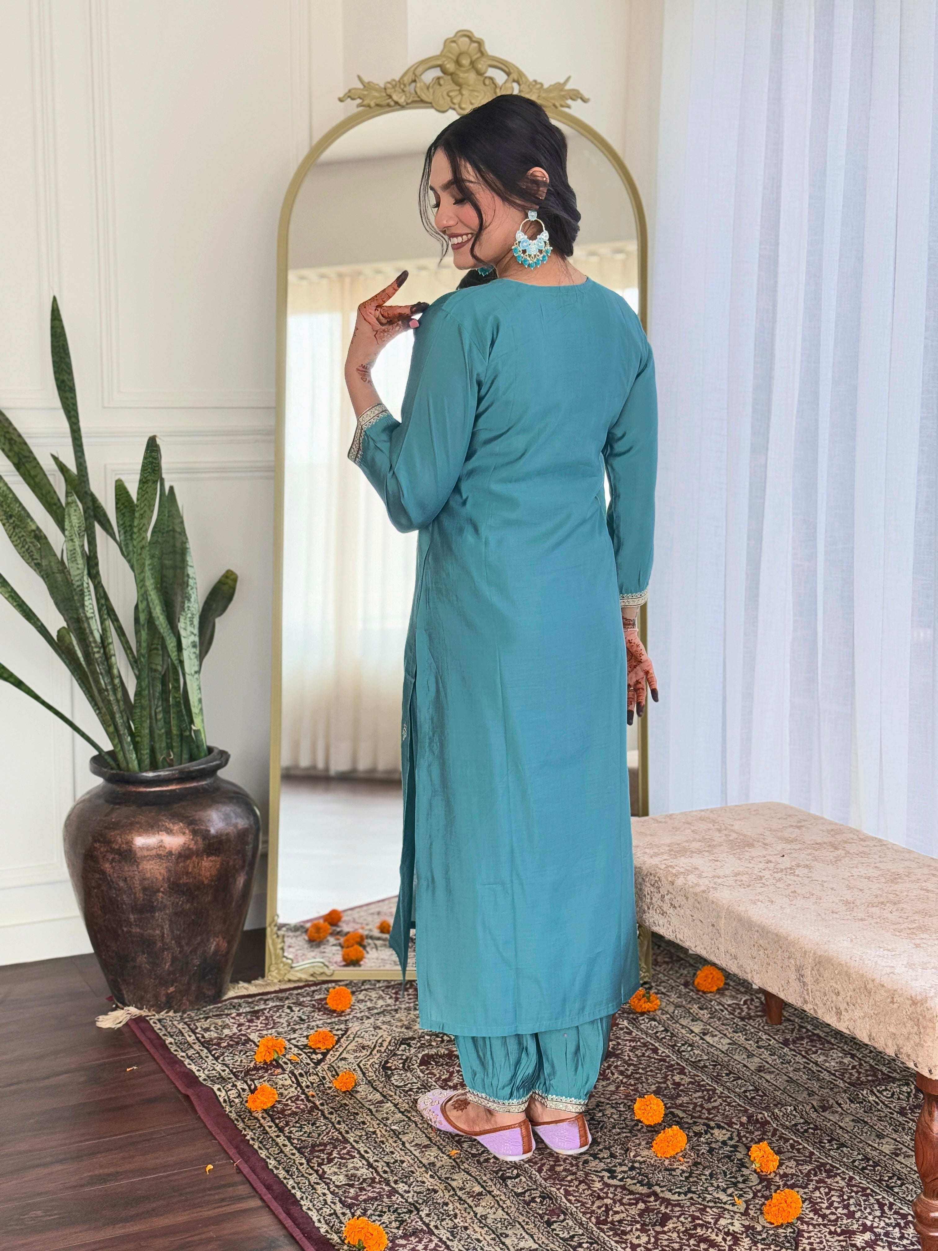 Women's Viscose Chanderi Embroidered Straight Kurta with Viscose Chanderi Pant & Linen Printed Dupatta Set