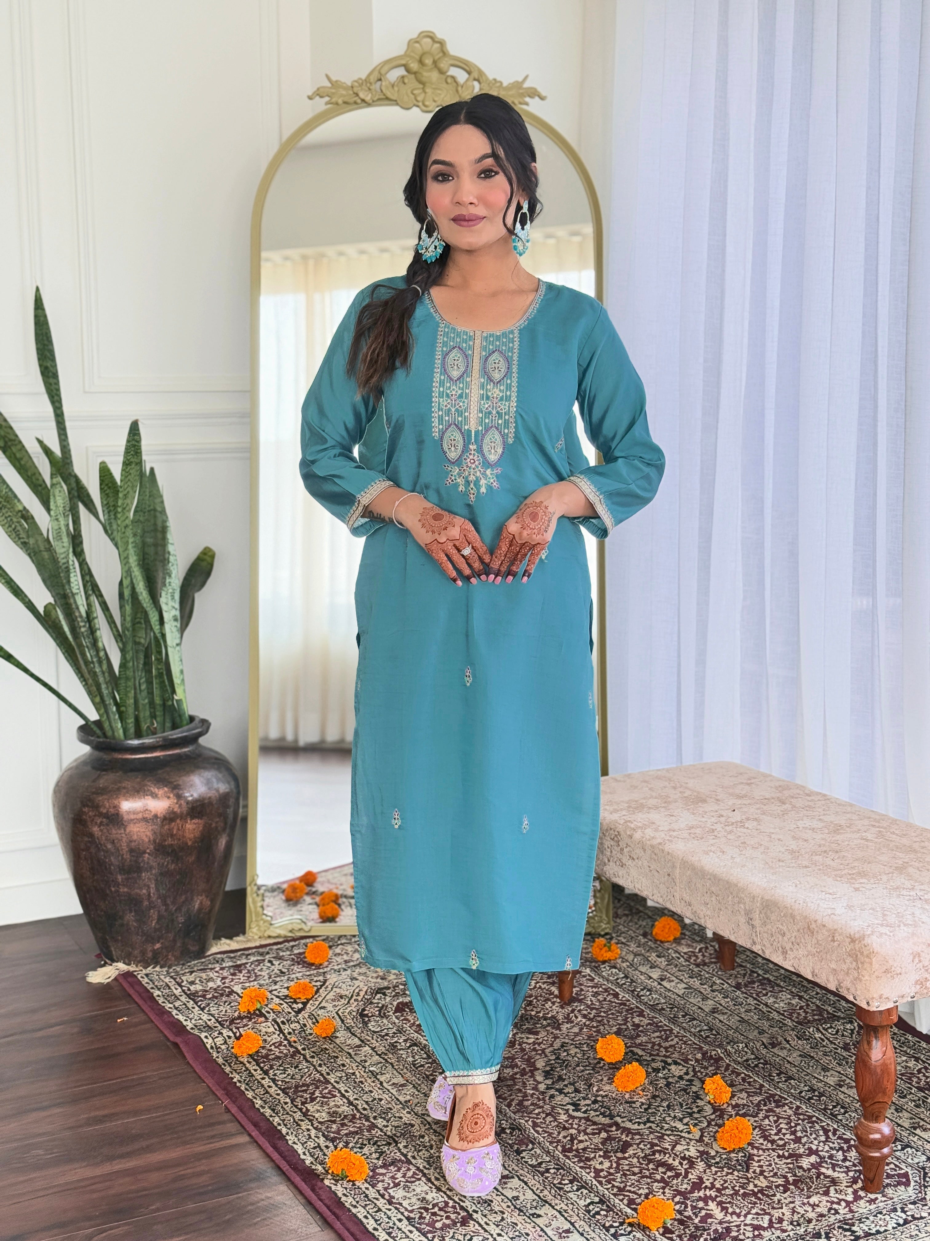 Women's Viscose Chanderi Embroidered Straight Kurta with Viscose Chanderi Pant & Linen Printed Dupatta Set