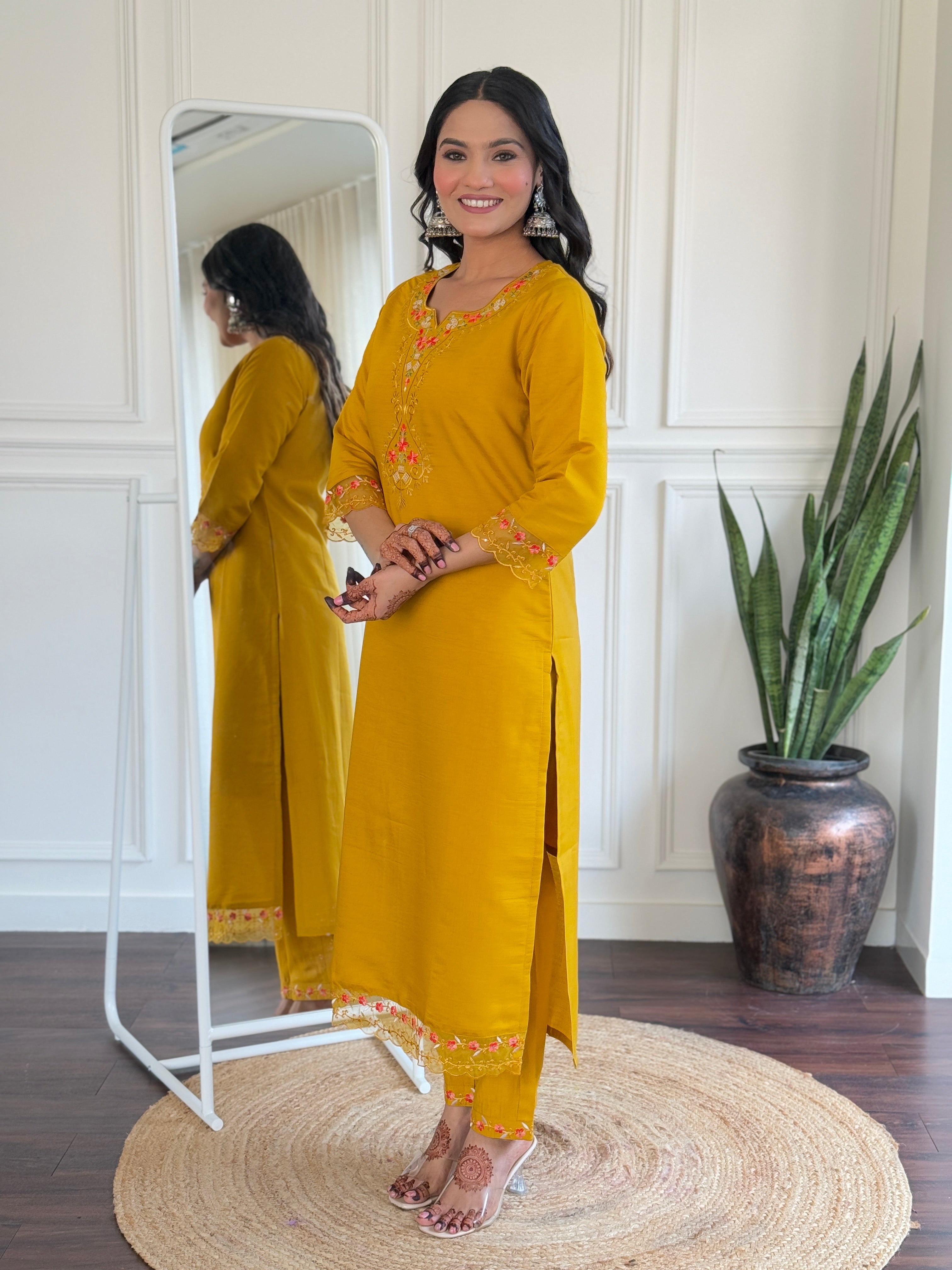 Women Solid Embroidered Kurta with Trousers & Dupatta