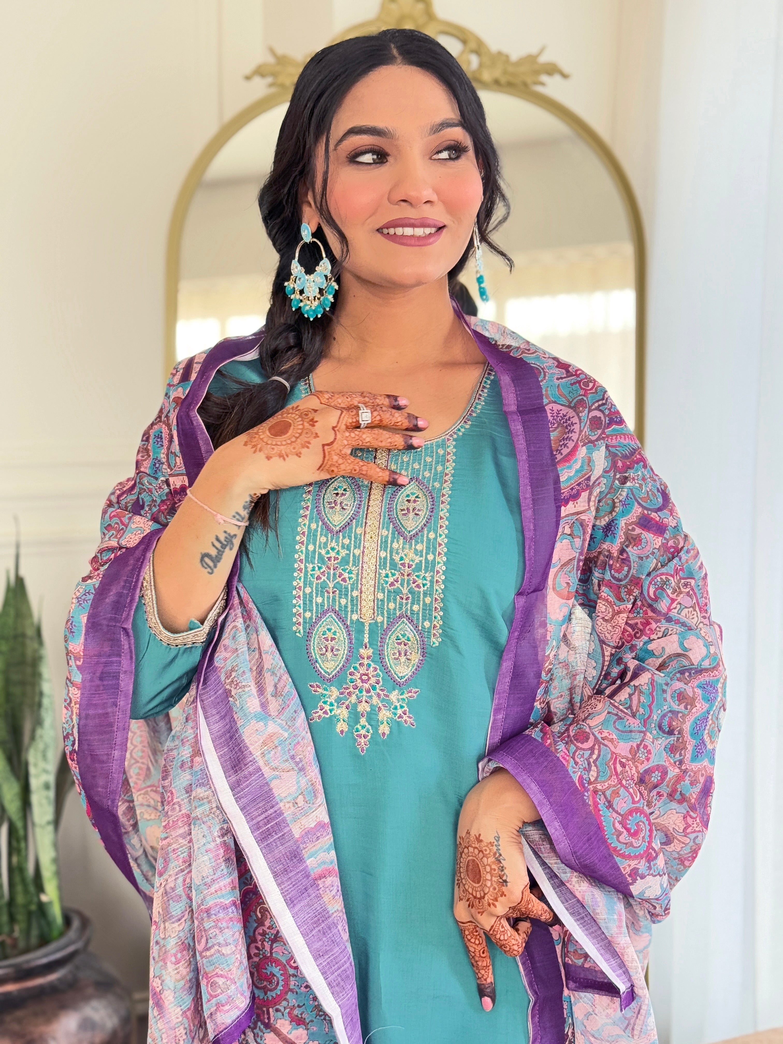 Women's Viscose Chanderi Embroidered Straight Kurta with Viscose Chanderi Pant & Linen Printed Dupatta Set