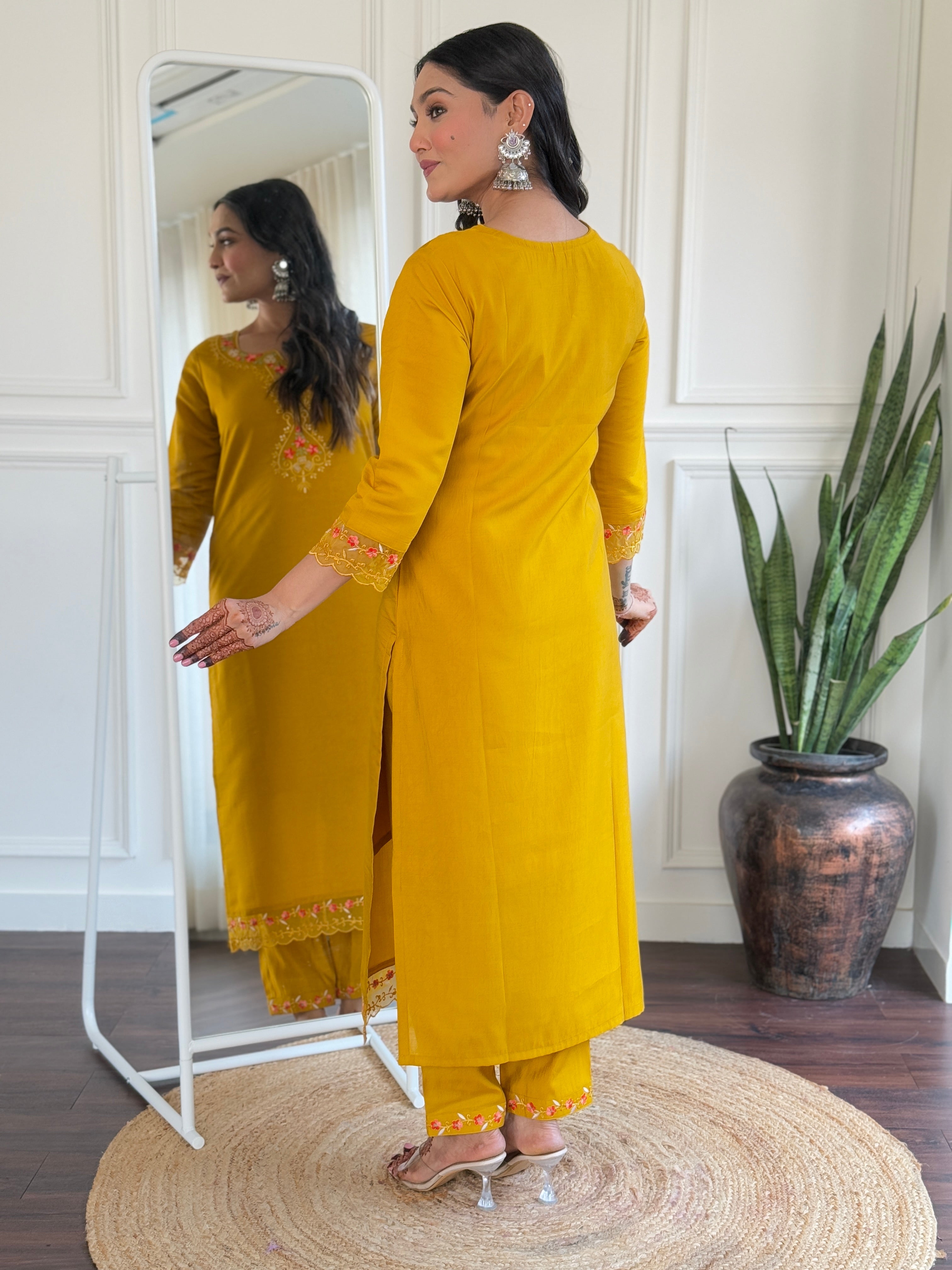 Women Solid Embroidered Kurta with Trousers & Dupatta
