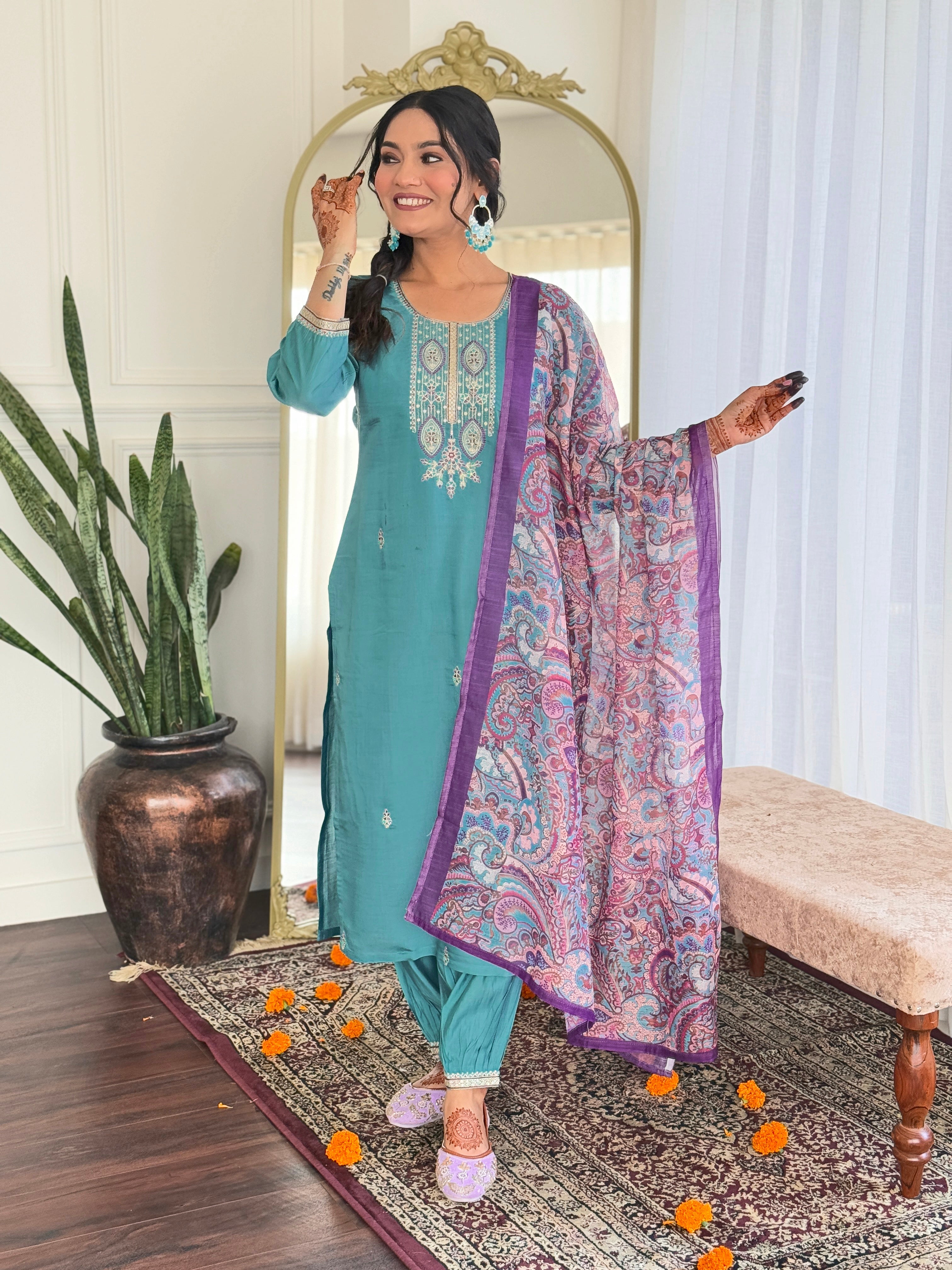 Women's Viscose Chanderi Embroidered Straight Kurta with Viscose Chanderi Pant & Linen Printed Dupatta Set