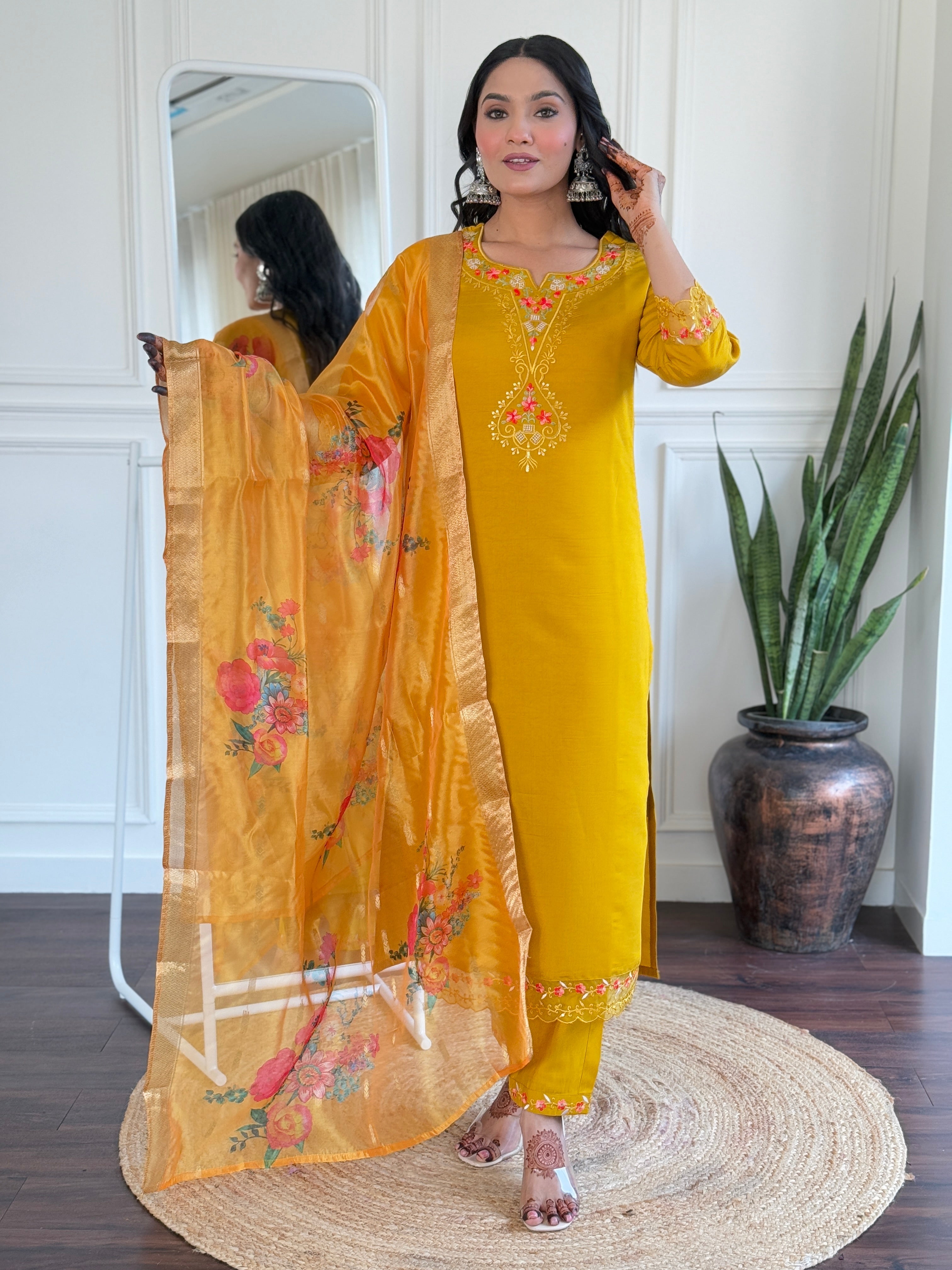 Women Solid Embroidered Kurta with Trousers & Dupatta