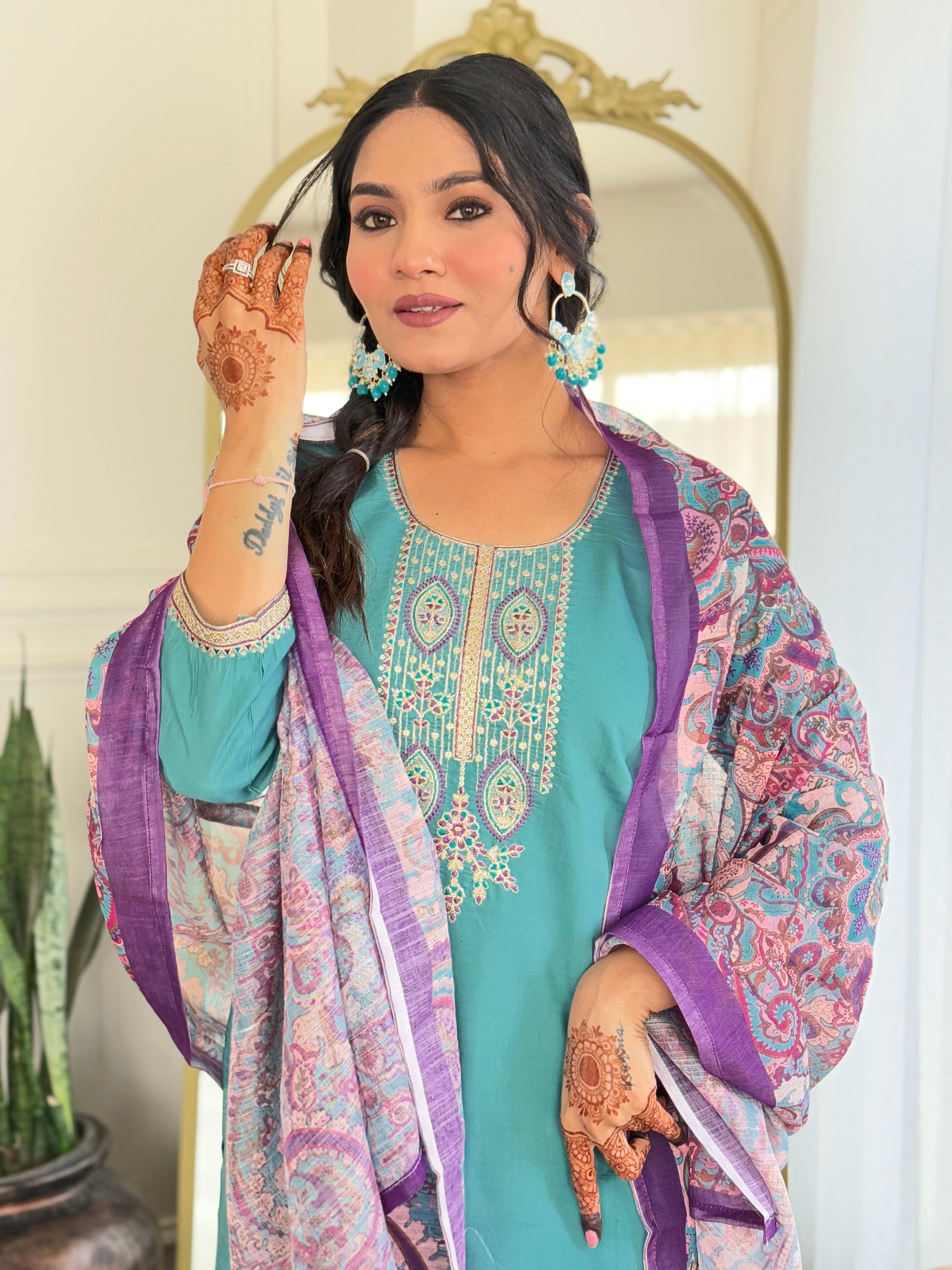 Women's Viscose Chanderi Embroidered Straight Kurta with Viscose Chanderi Pant & Linen Printed Dupatta Set