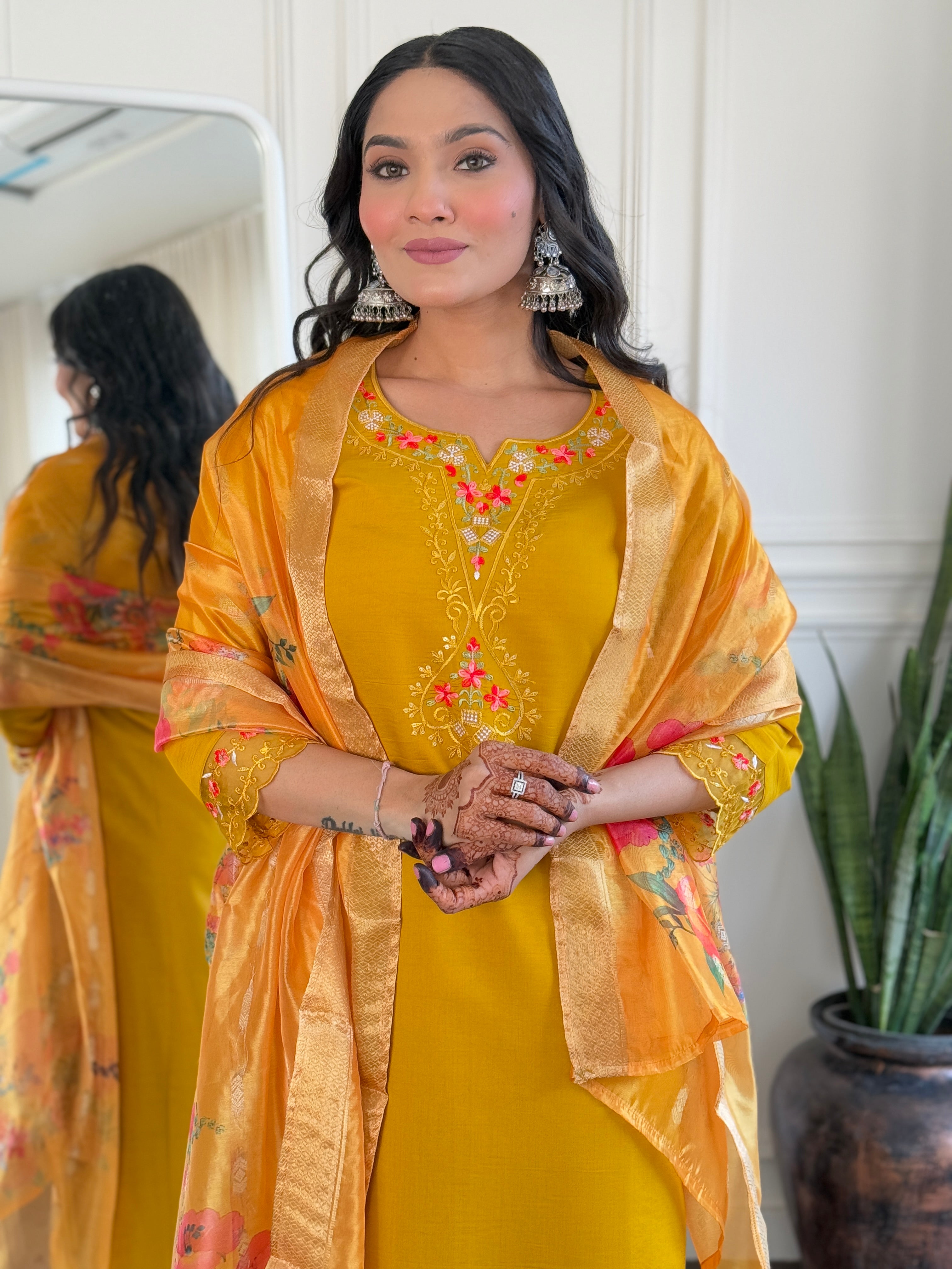 Women Solid Embroidered Kurta with Trousers & Dupatta