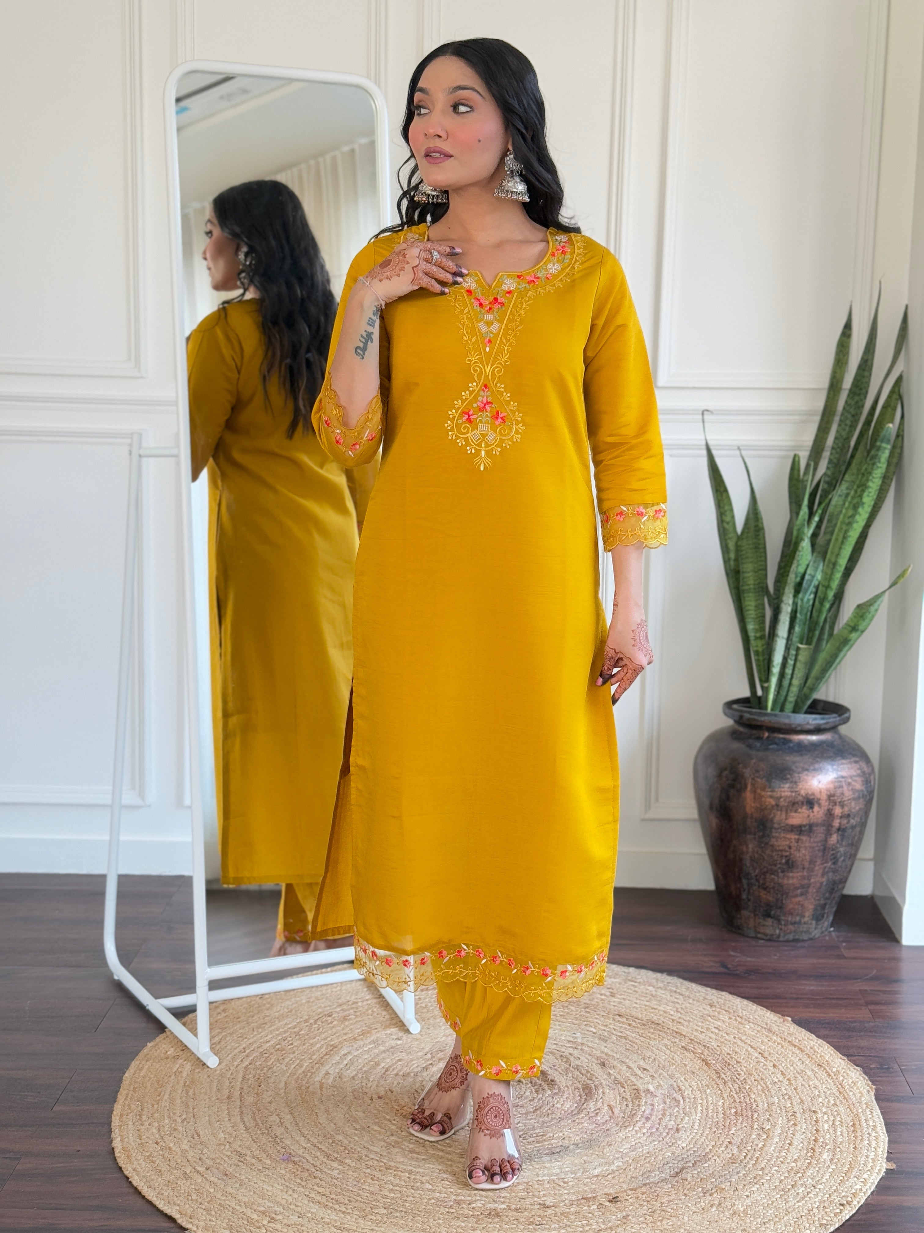 Women Solid Embroidered Kurta with Trousers & Dupatta