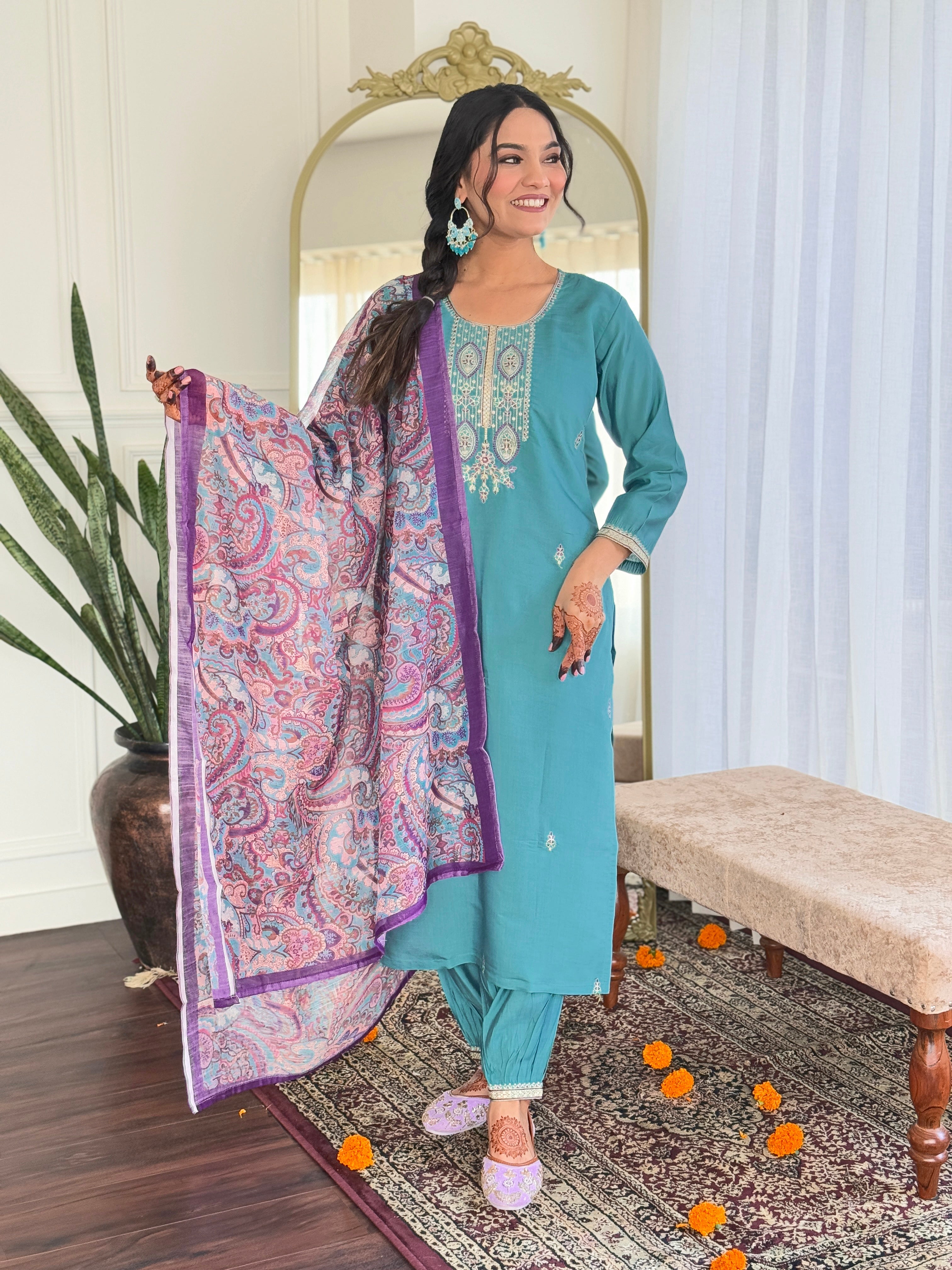 Women's Viscose Chanderi Embroidered Straight Kurta with Viscose Chanderi Pant & Linen Printed Dupatta Set