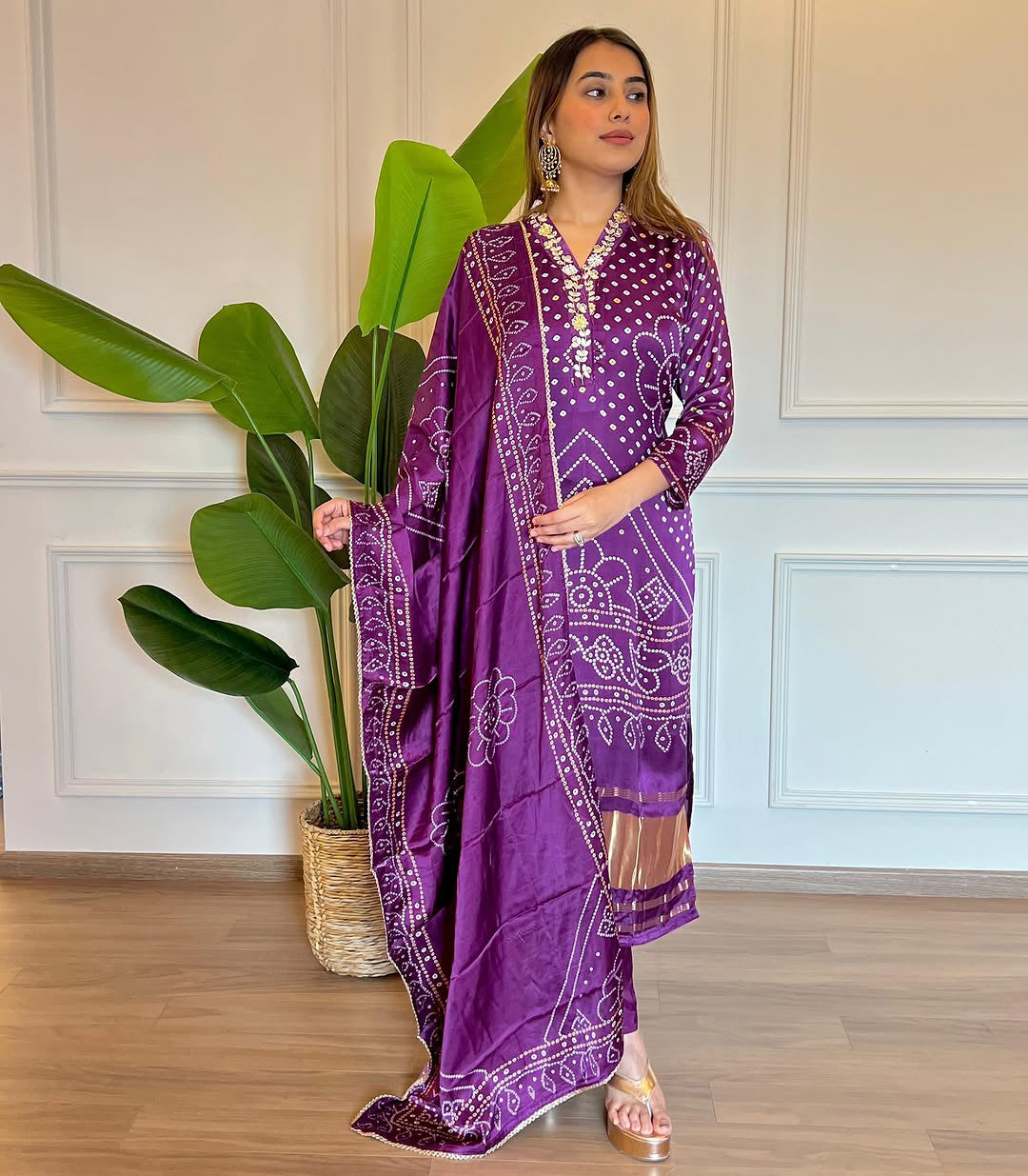 Women's Chanderi Cotton Dupatta Set Embroidered V-Neck Kurta with Position Print