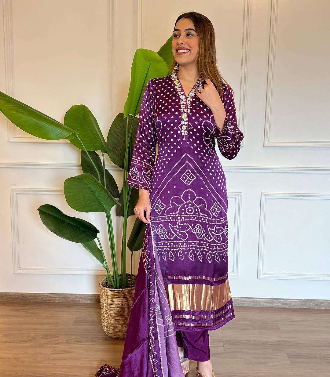 Women's Chanderi Cotton Dupatta Set Embroidered V-Neck Kurta with Position Print