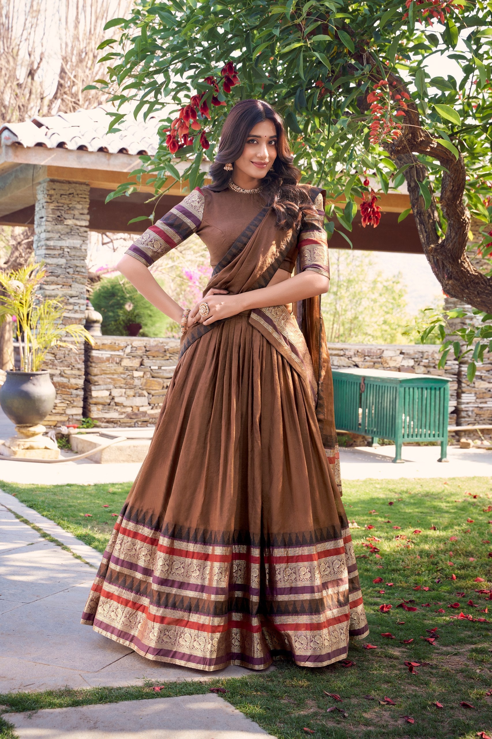 lovely Brown Chanderi Silk Zari Weaving Lehenga Choli With Dupatta