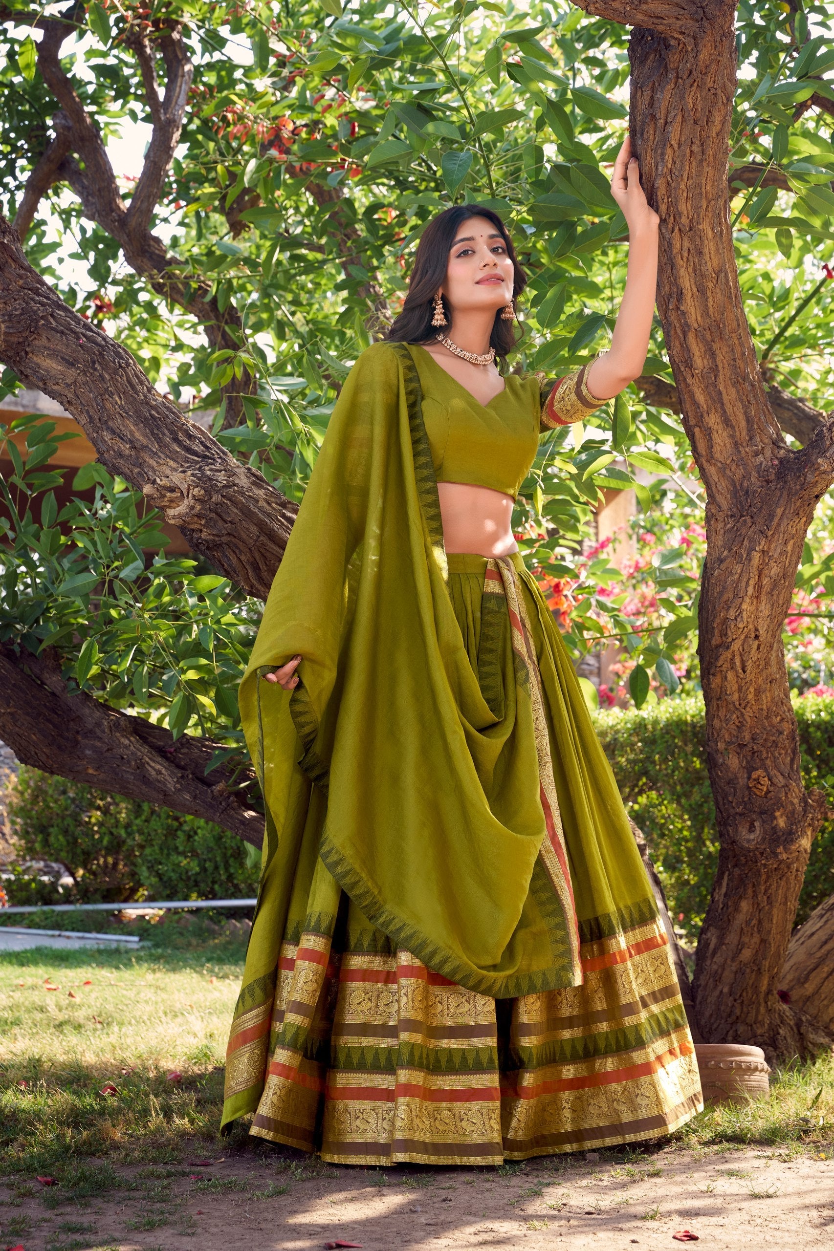 lovely Mehendi Green Chanderi Silk Zari Weaving Lehenga Choli With Dupatta