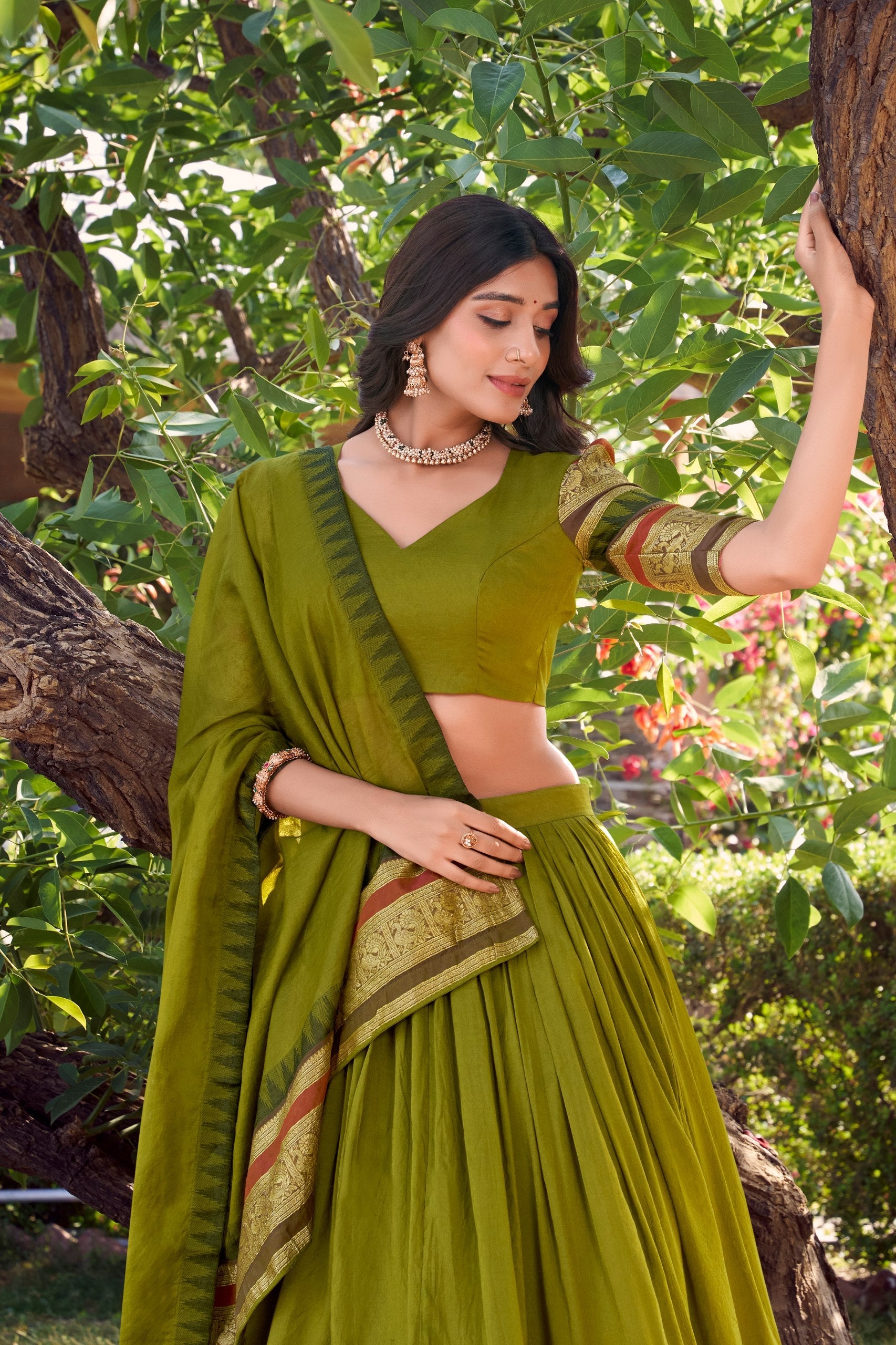 lovely Mehendi Green Chanderi Silk Zari Weaving Lehenga Choli With Dupatta