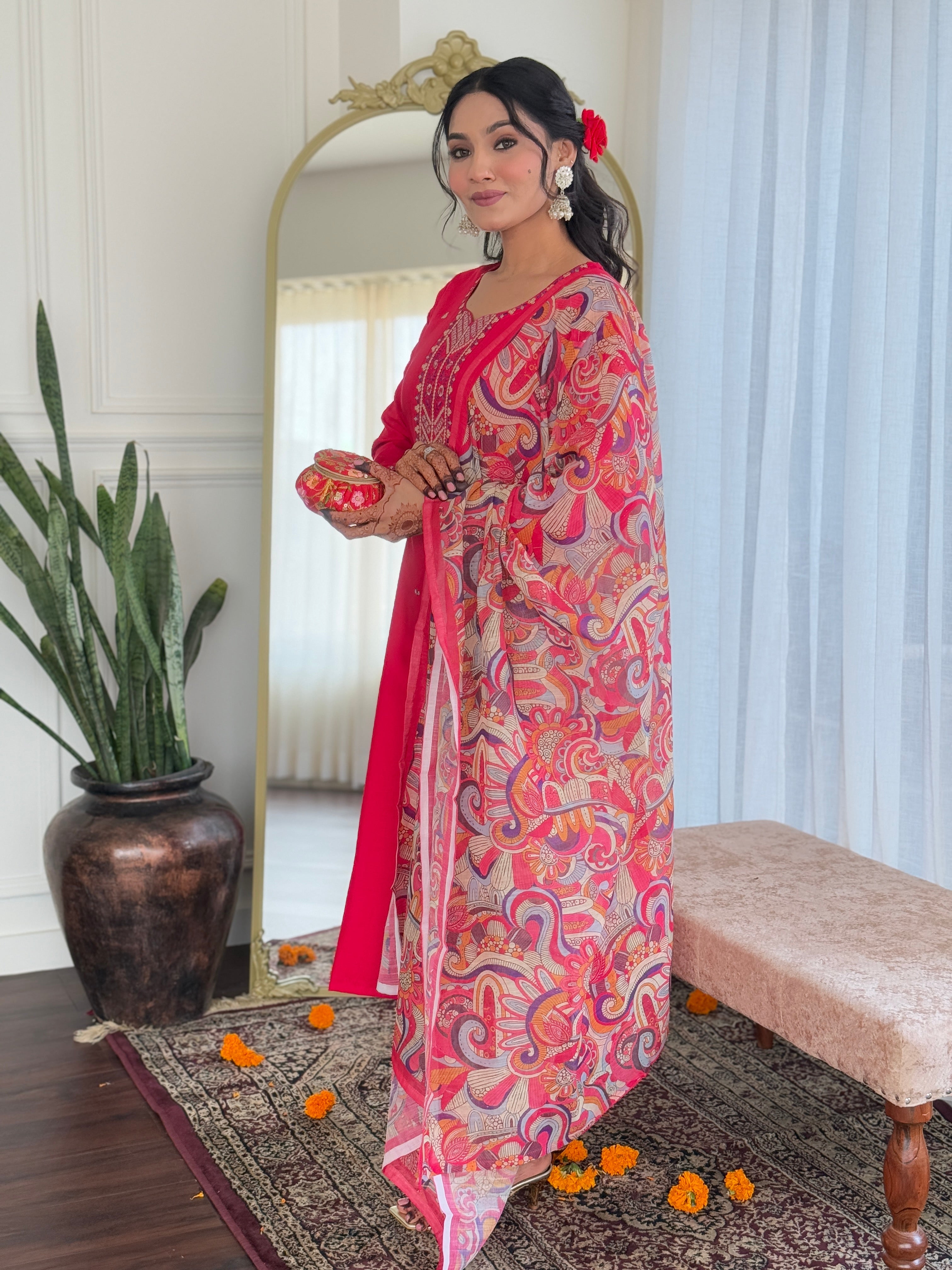 Women's Rayon Embroidered and Printed Straight Kurta with Rayon Pant and Printed Dupatta Sets