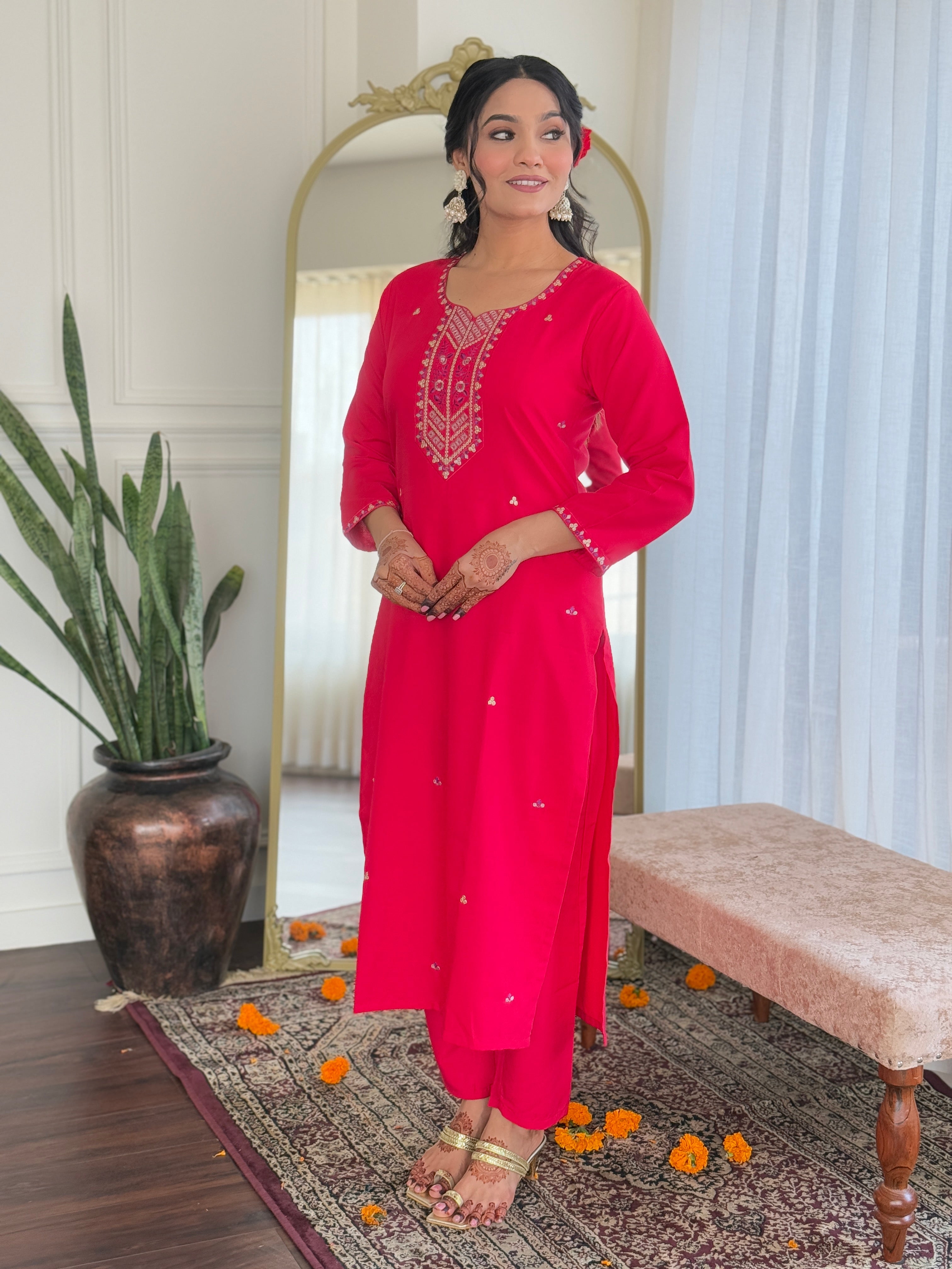 Women's Rayon Embroidered and Printed Straight Kurta with Rayon Pant and Printed Dupatta Sets
