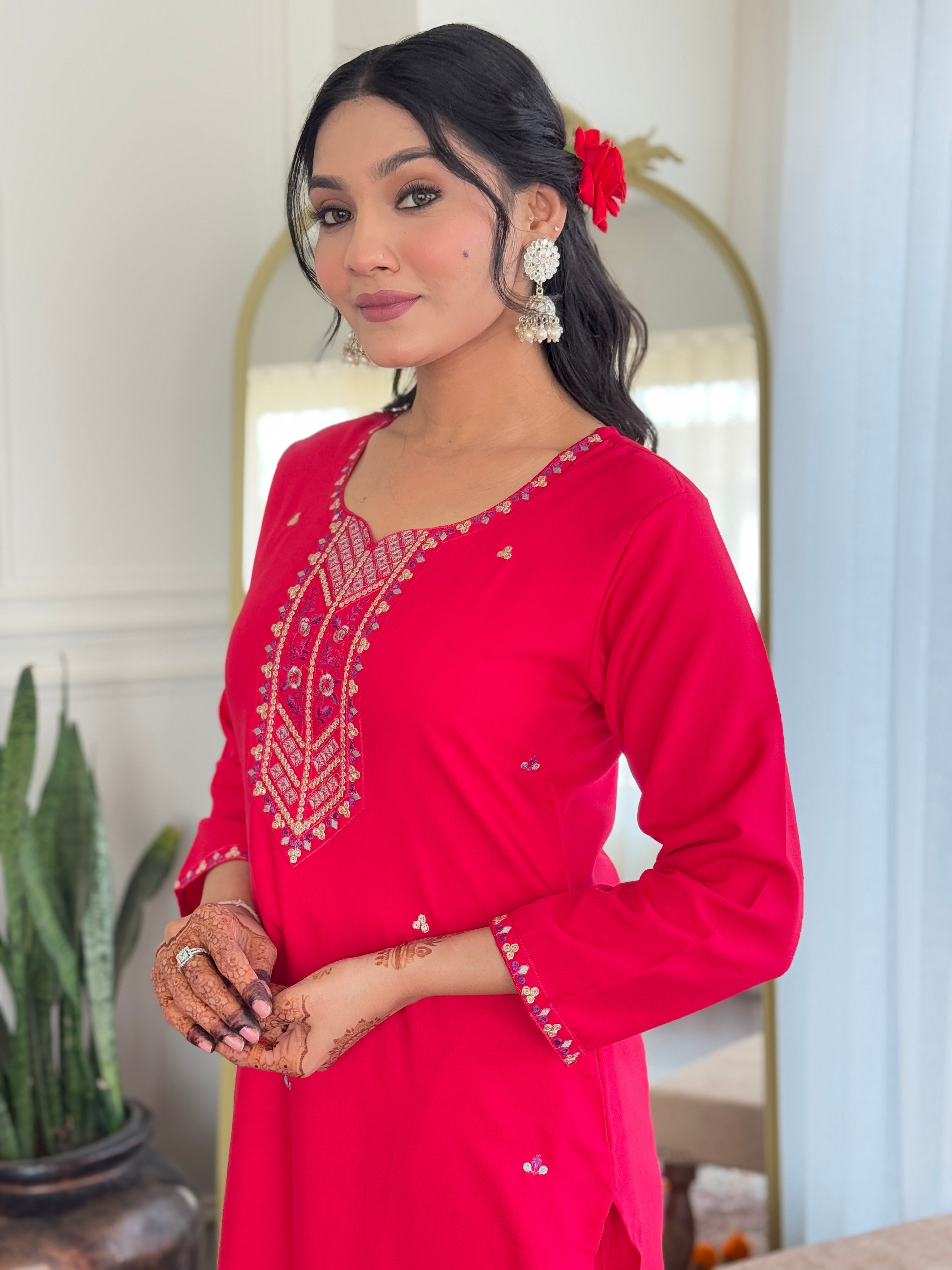 Women's Rayon Embroidered and Printed Straight Kurta with Rayon Pant and Printed Dupatta Sets