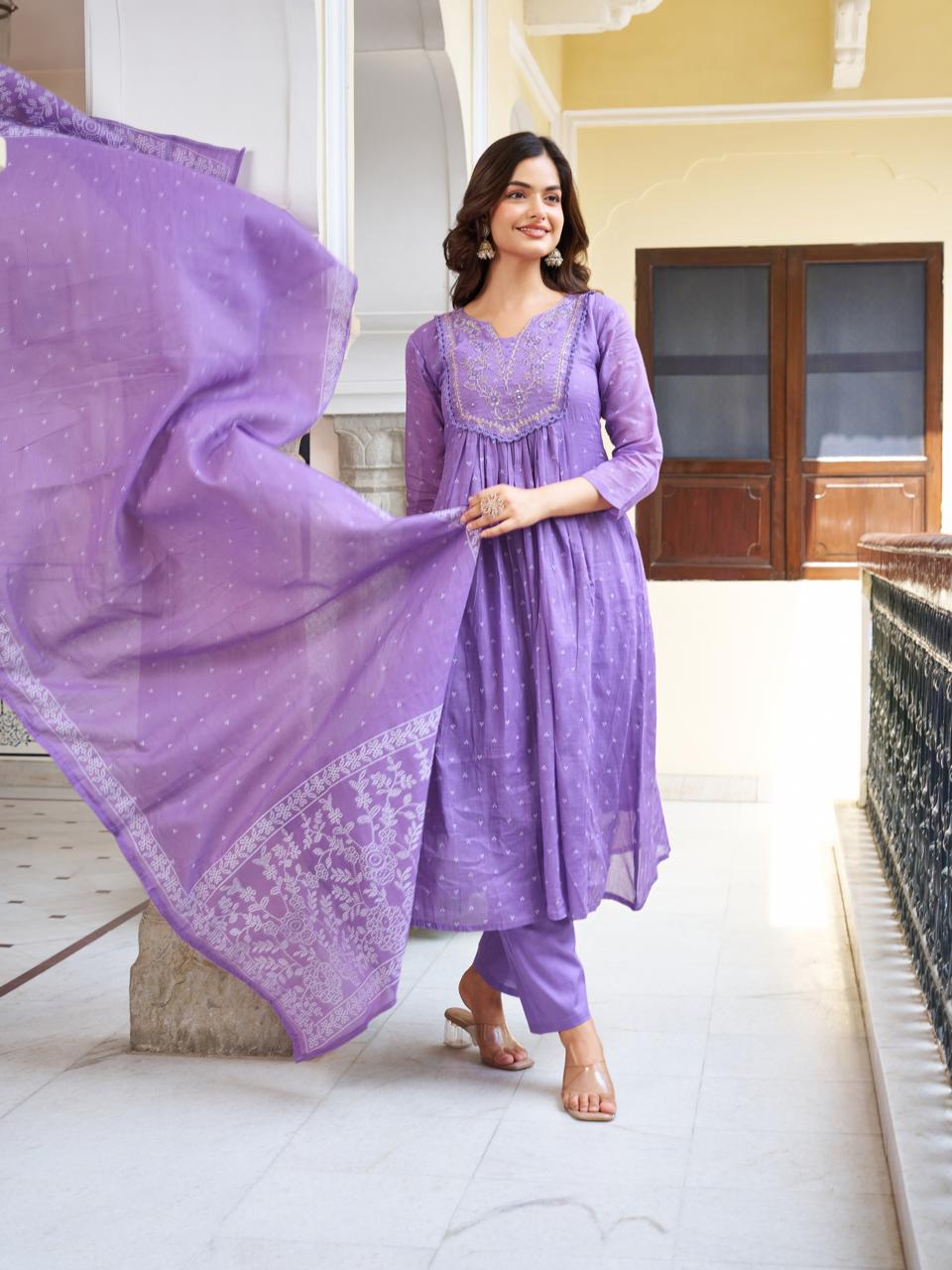 Women Purple Printed cotton Embroidered Kurta With Pant & Dupatta