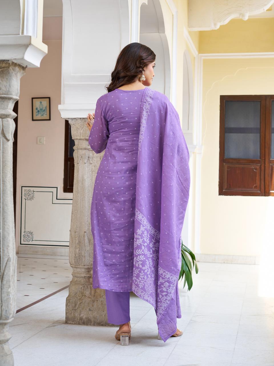 Women Purple Printed cotton Embroidered Kurta With Pant & Dupatta