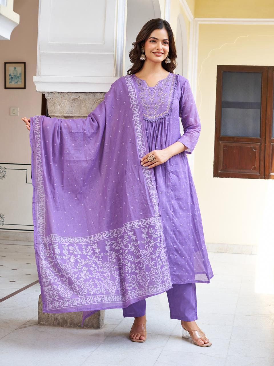 Women Purple Printed cotton Embroidered Kurta With Pant & Dupatta