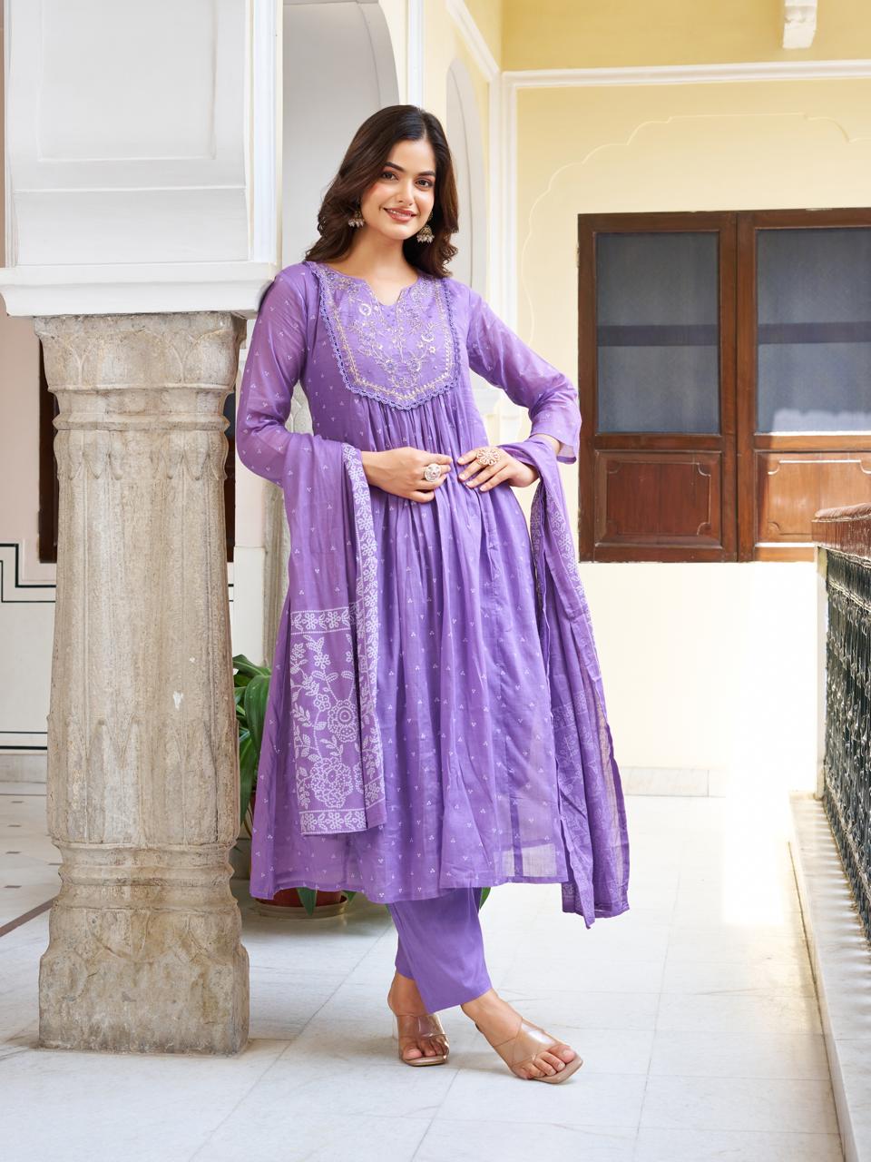 Women Purple Printed cotton Embroidered Kurta With Pant & Dupatta