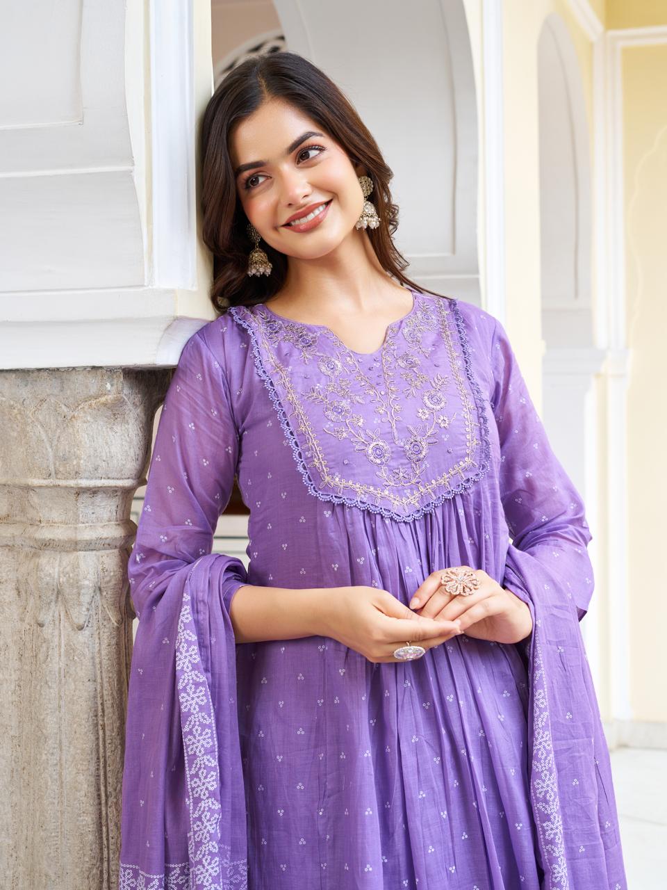 Women Purple Printed cotton Embroidered Kurta With Pant & Dupatta
