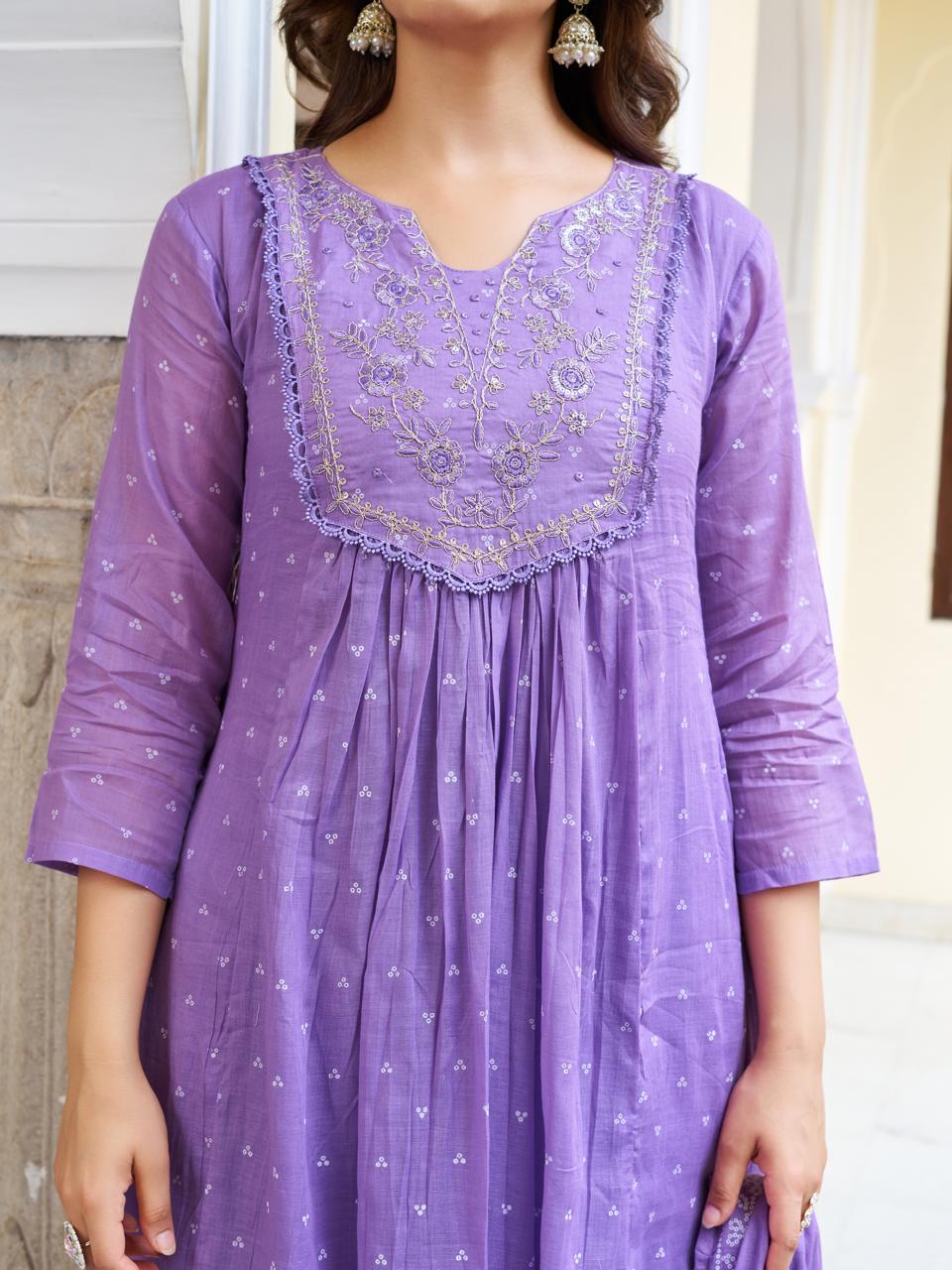 Women Purple Printed cotton Embroidered Kurta With Pant & Dupatta