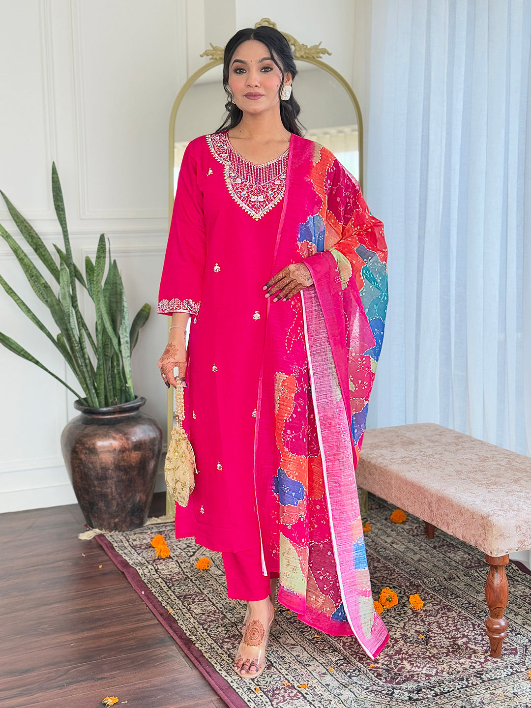 Women's Viscose Chanderi Embroidered Straight Kurta with Viscose Chanderi Pant & Linen Printed Dupatta Set