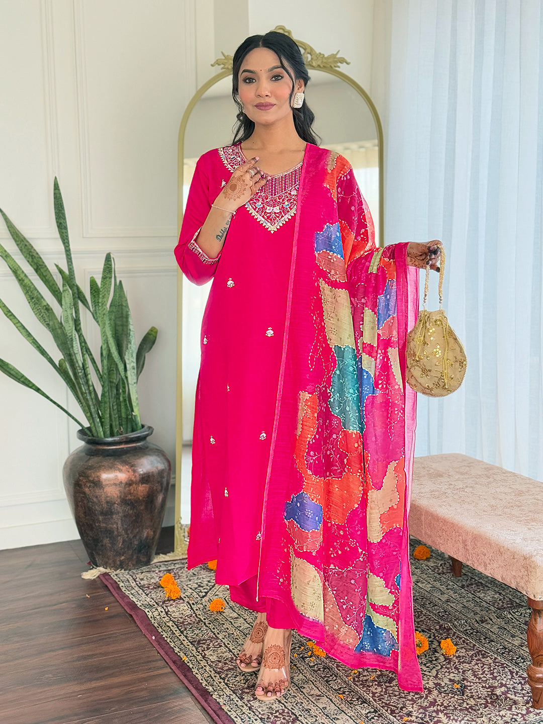 Women's Viscose Chanderi Embroidered Straight Kurta with Viscose Chanderi Pant & Linen Printed Dupatta Set