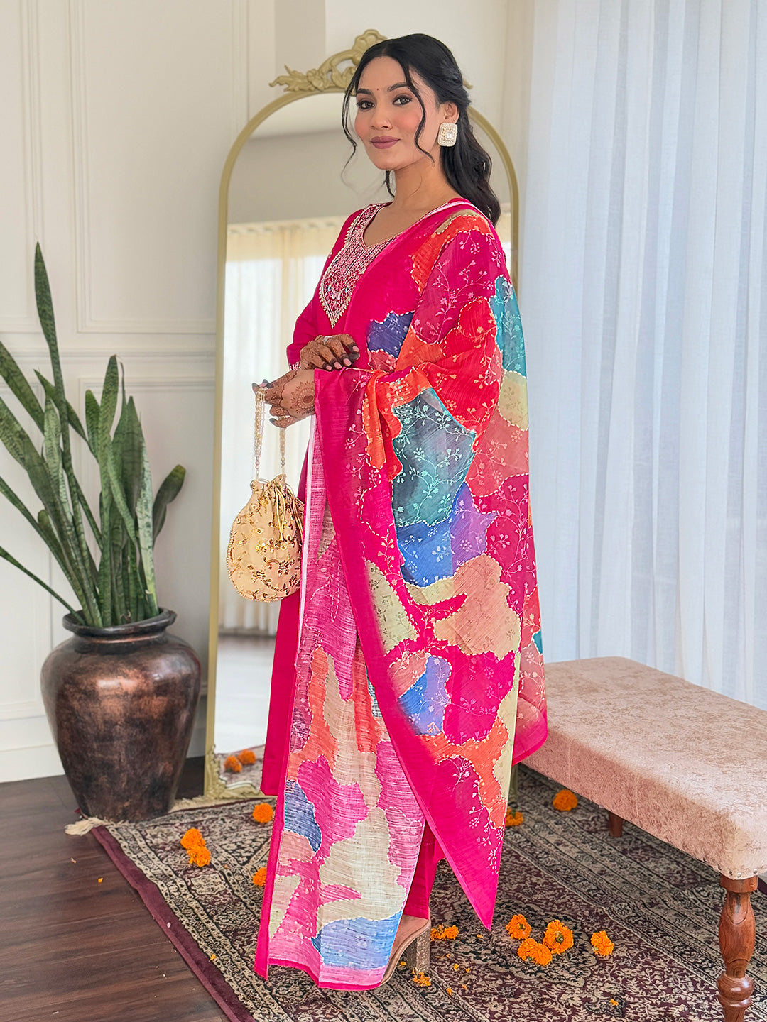 Women's Viscose Chanderi Embroidered Straight Kurta with Viscose Chanderi Pant & Linen Printed Dupatta Set