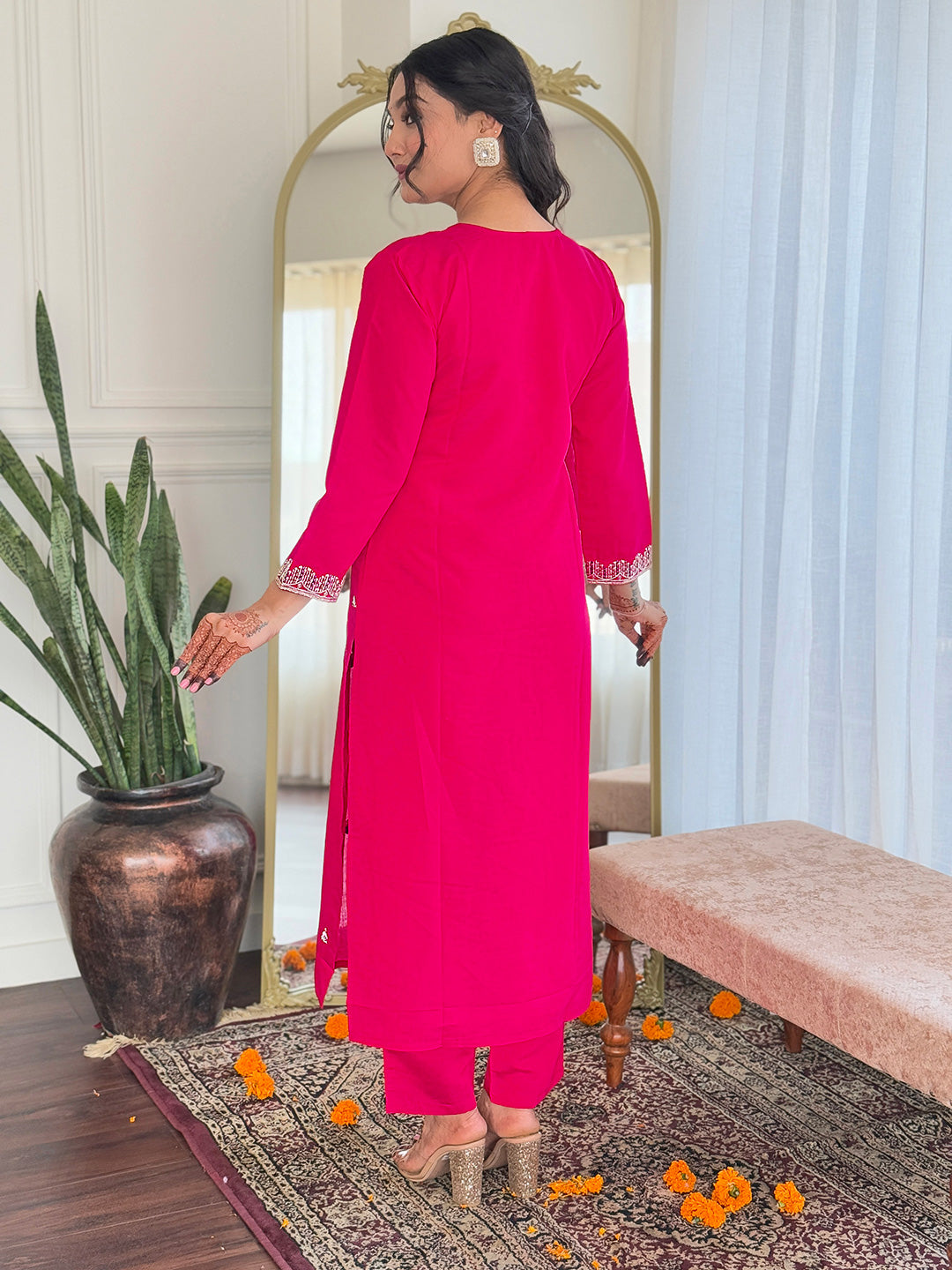 Women's Viscose Chanderi Embroidered Straight Kurta with Viscose Chanderi Pant & Linen Printed Dupatta Set