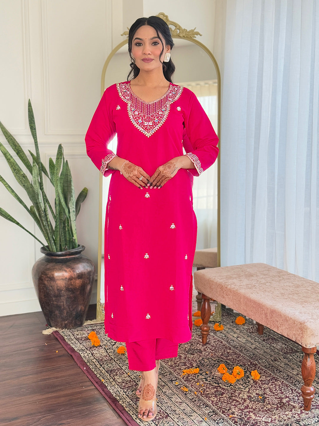 Women's Viscose Chanderi Embroidered Straight Kurta with Viscose Chanderi Pant & Linen Printed Dupatta Set