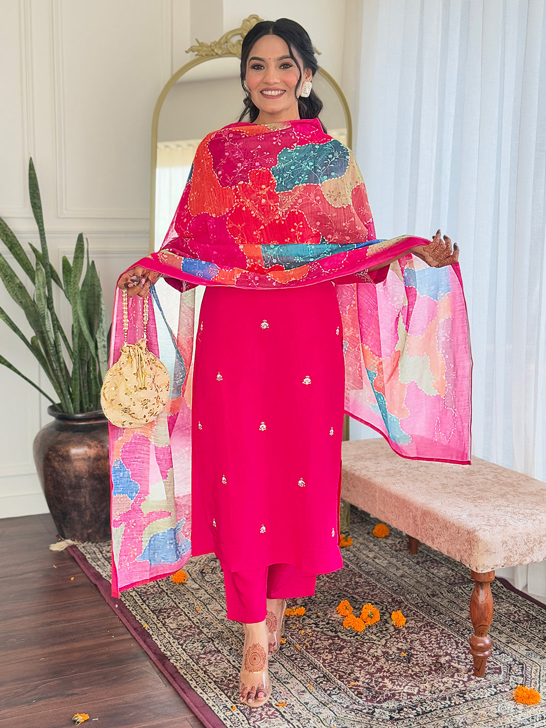 Women's Viscose Chanderi Embroidered Straight Kurta with Viscose Chanderi Pant & Linen Printed Dupatta Set