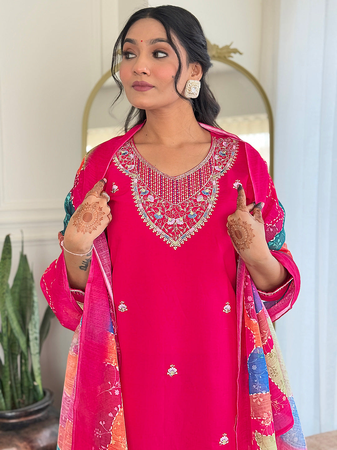 Women's Viscose Chanderi Embroidered Straight Kurta with Viscose Chanderi Pant & Linen Printed Dupatta Set