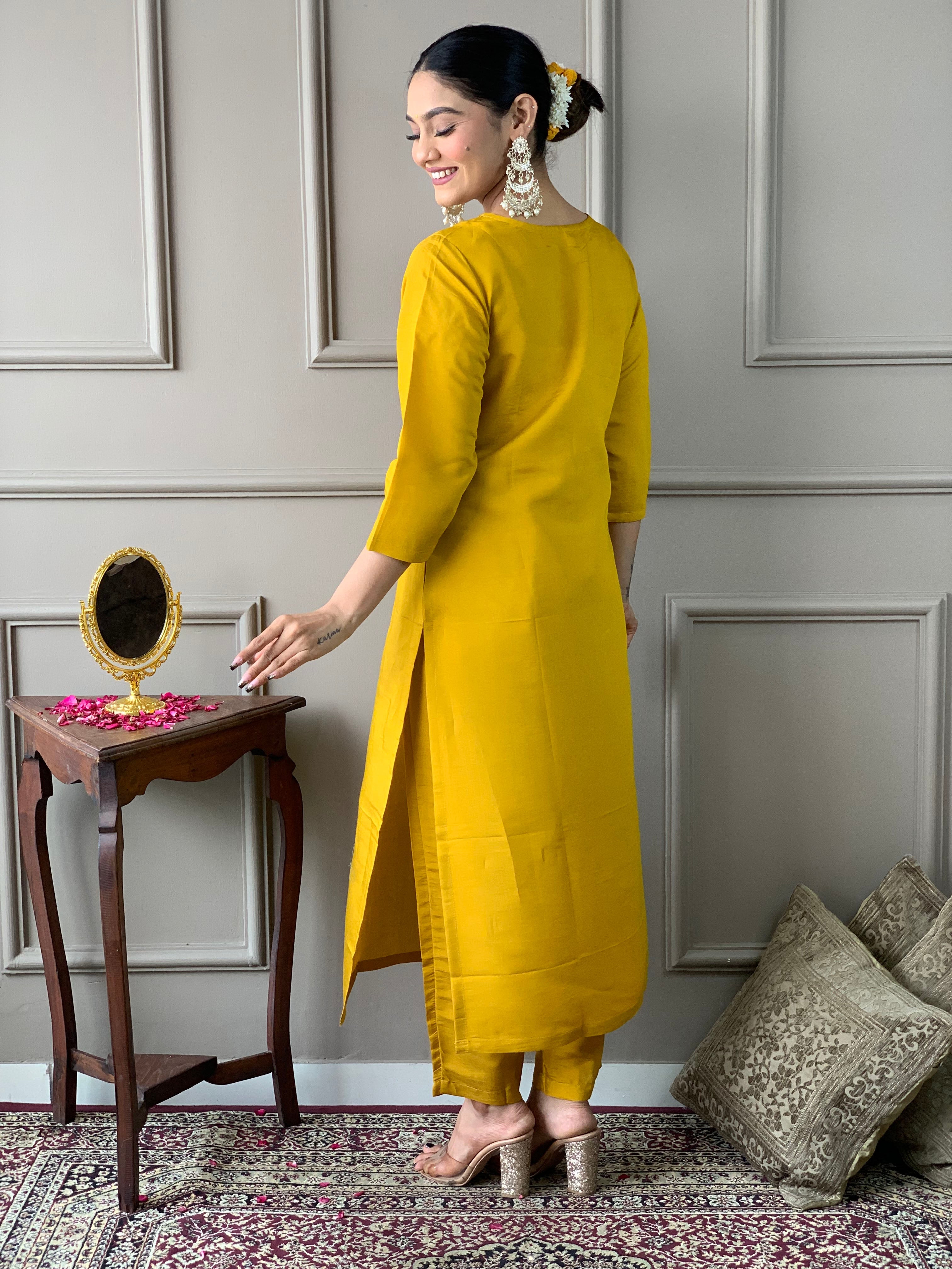 Women's Mustard Chanderi Embroidered Straight Kurta with pant and dupatta sets