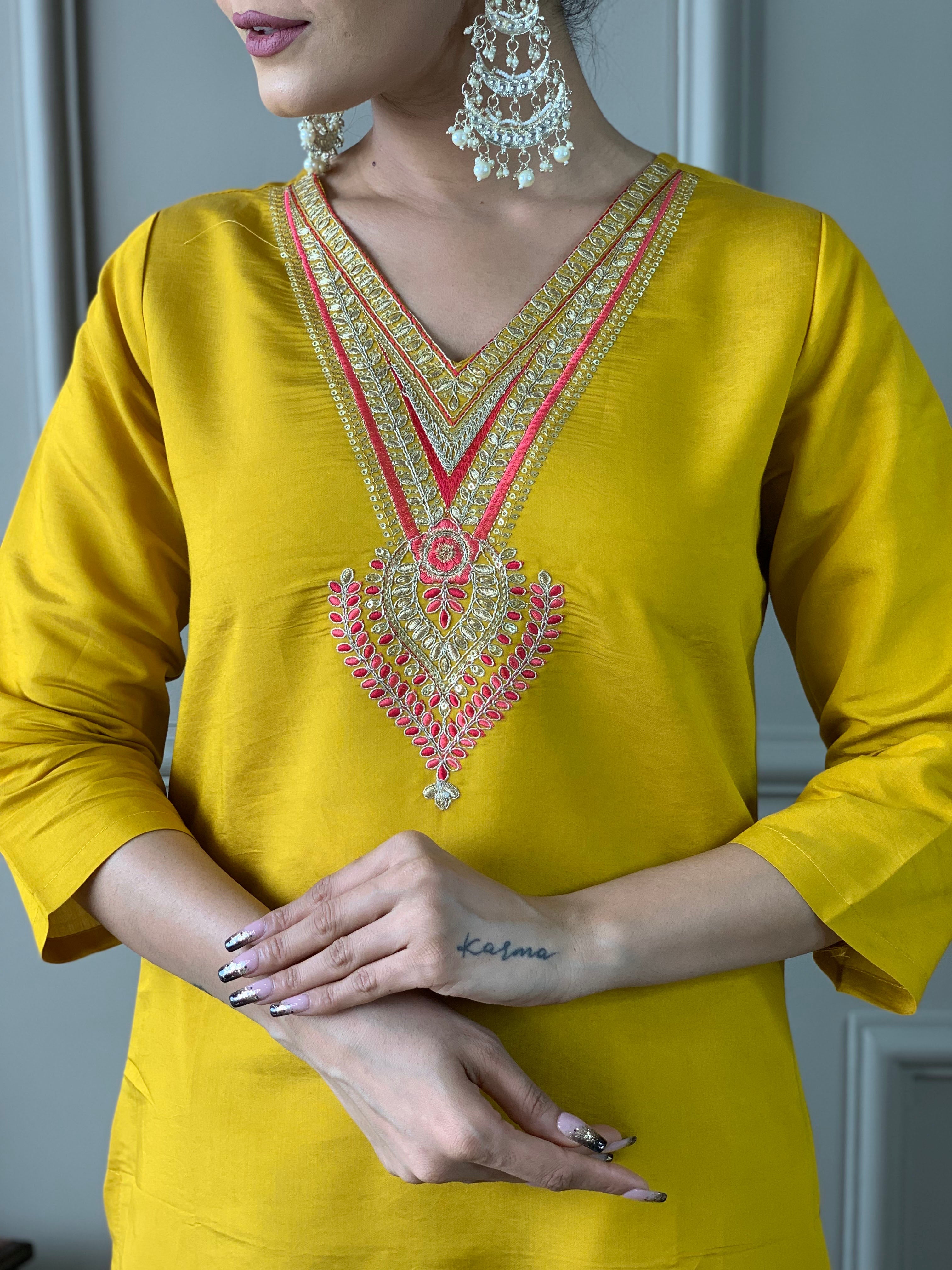 Women's Mustard Chanderi Embroidered Straight Kurta with pant and dupatta sets