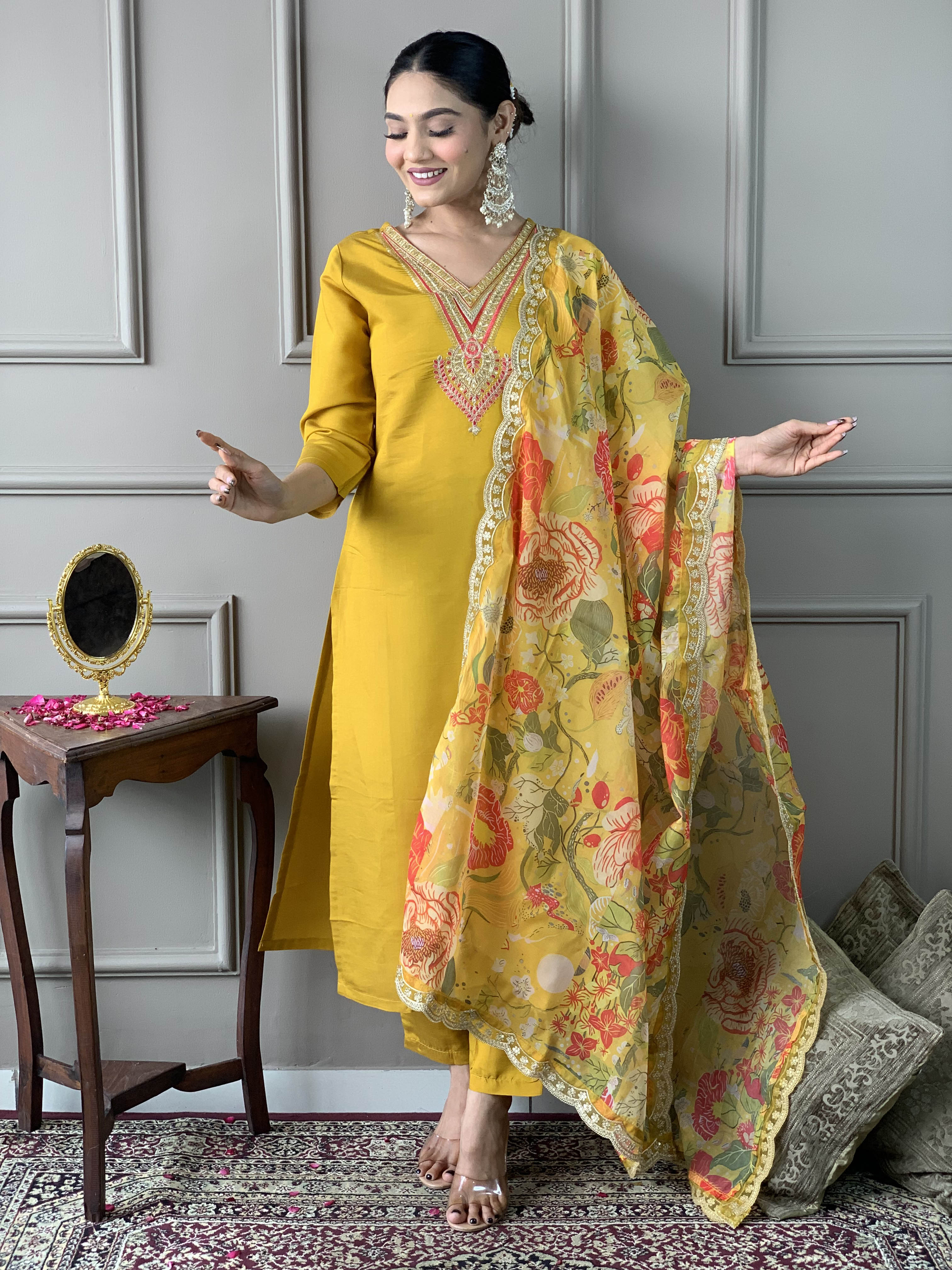 Women's Mustard Chanderi Embroidered Straight Kurta with pant and dupatta sets