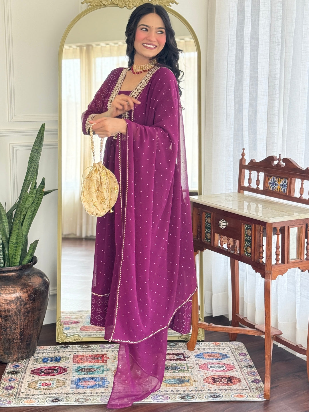 Geometric Printed Square Neck Sequinned Georgette Anarkali Kurta Trousers & Dupatta