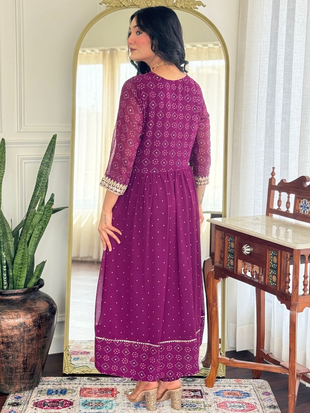 Geometric Printed Square Neck Sequinned Georgette Anarkali Kurta Trousers & Dupatta