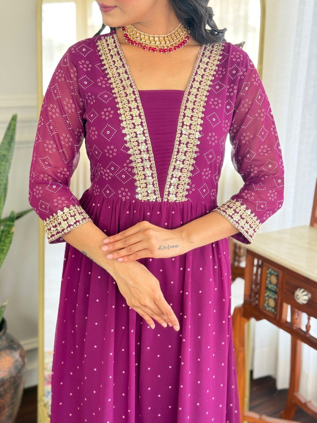 Geometric Printed Square Neck Sequinned Georgette Anarkali Kurta Trousers & Dupatta