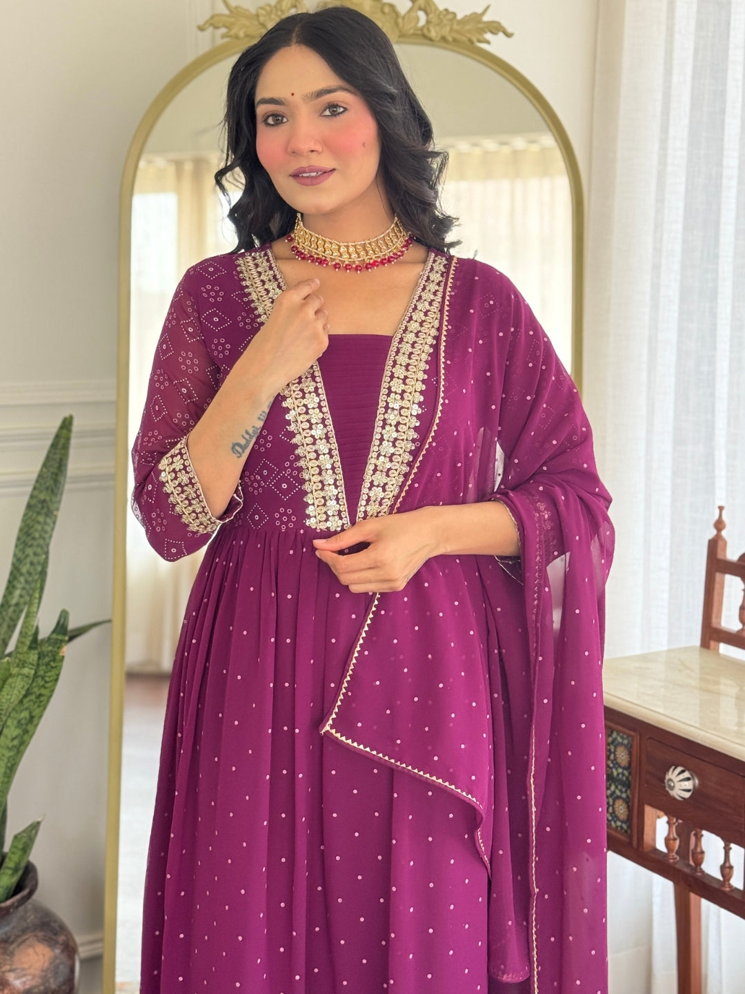 Geometric Printed Square Neck Sequinned Georgette Anarkali Kurta Trousers & Dupatta