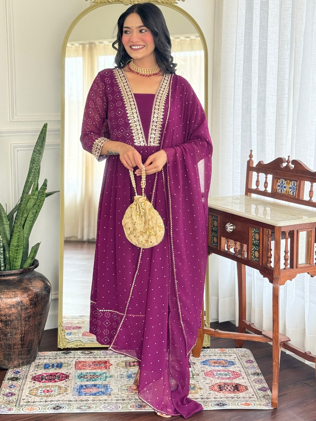 Geometric Printed Square Neck Sequinned Georgette Anarkali Kurta Trousers & Dupatta