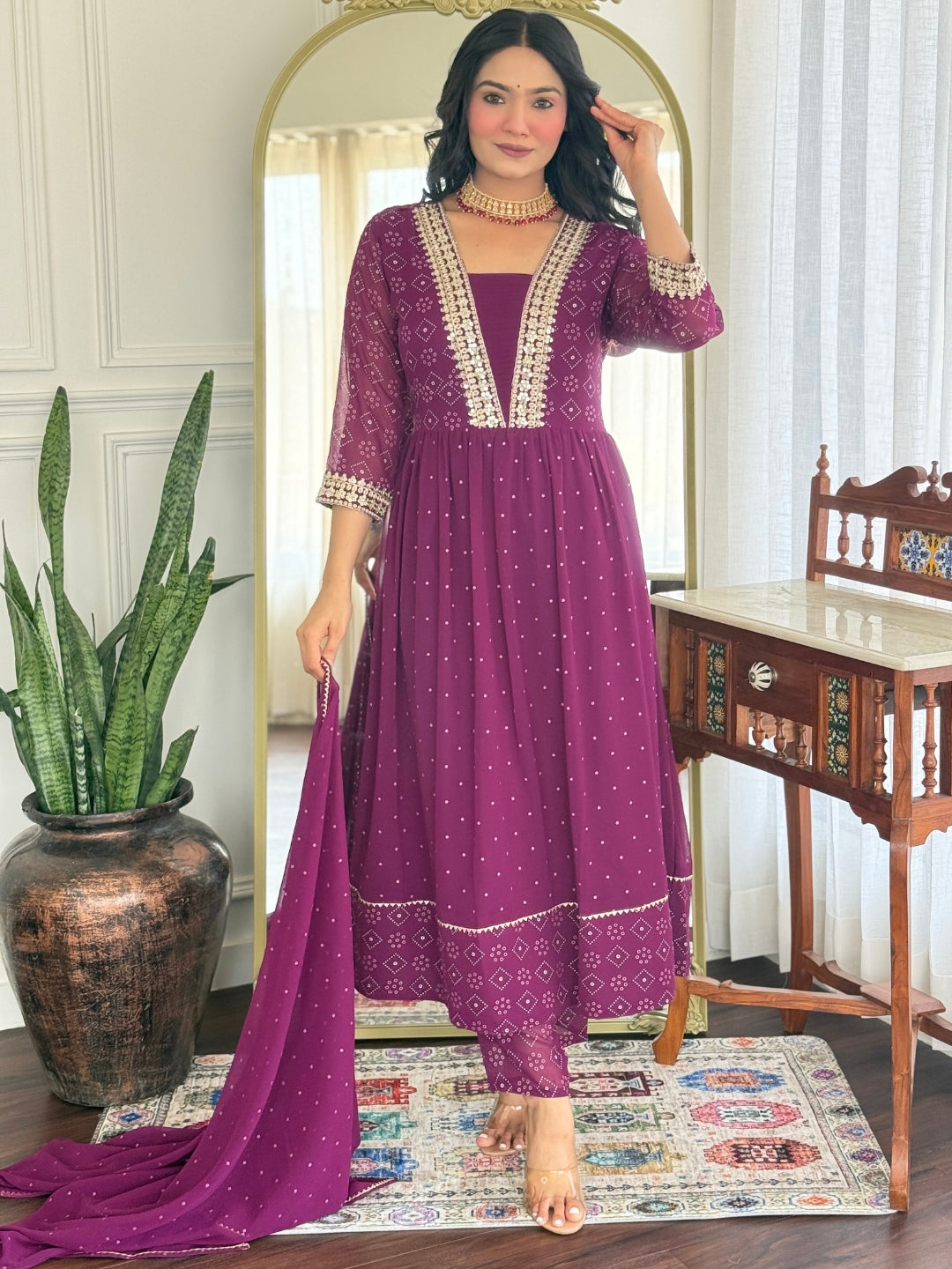 Geometric Printed Square Neck Sequinned Georgette Anarkali Kurta Trousers & Dupatta