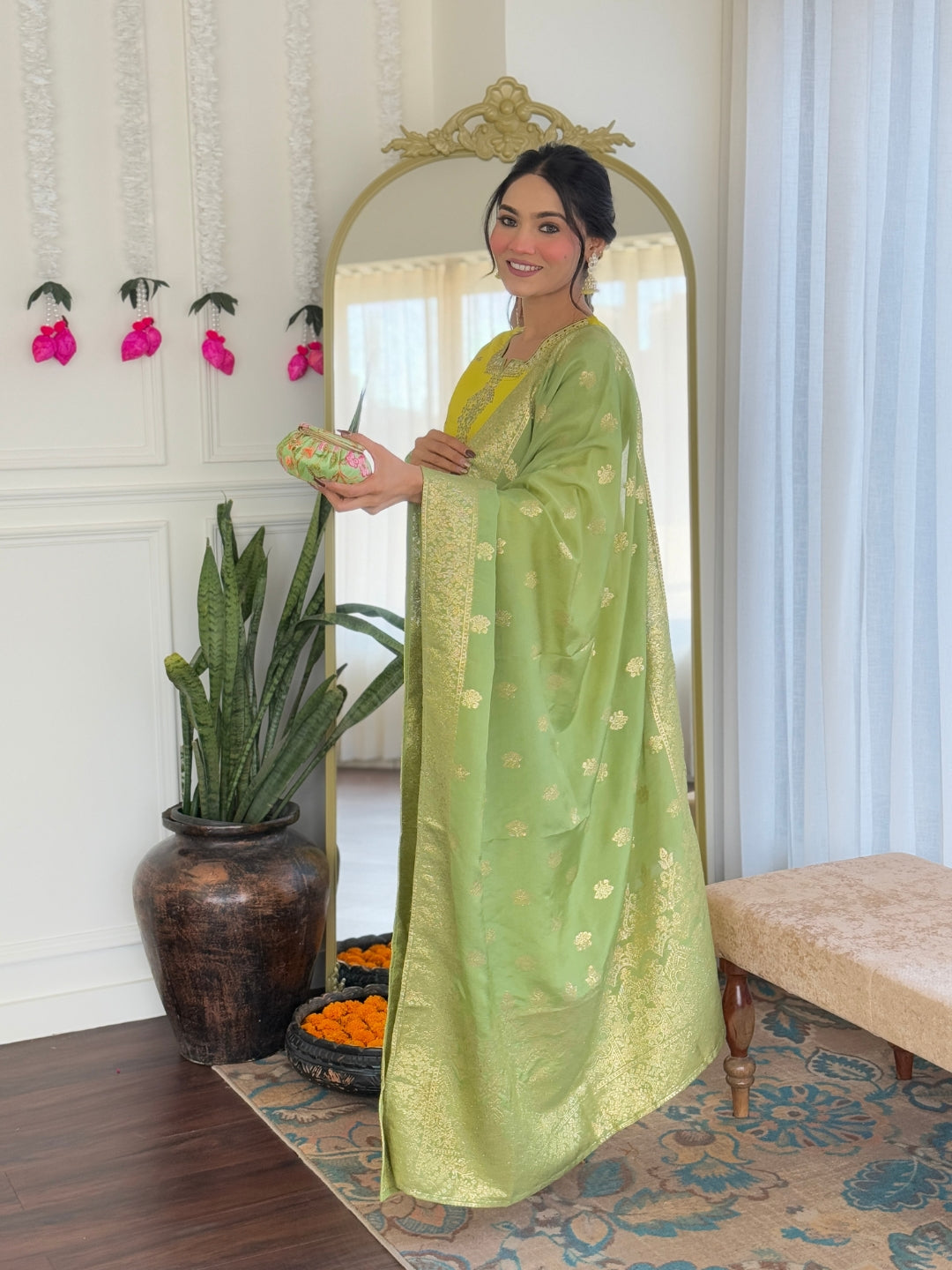 Women Mustard Yellow Chanderi Viscose Embroidered Kurta With Pant & Jacquard Dupatta