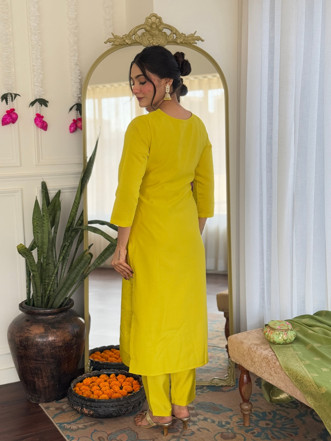 Women Mustard Yellow Chanderi Viscose Embroidered Kurta With Pant & Jacquard Dupatta