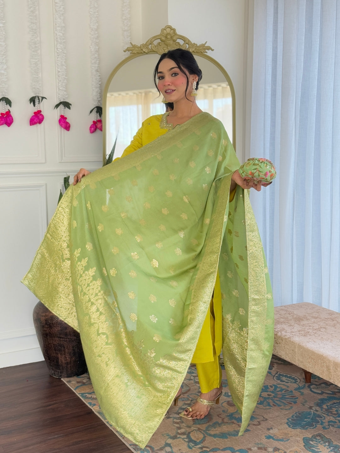 Women Mustard Yellow Chanderi Viscose Embroidered Kurta With Pant & Jacquard Dupatta