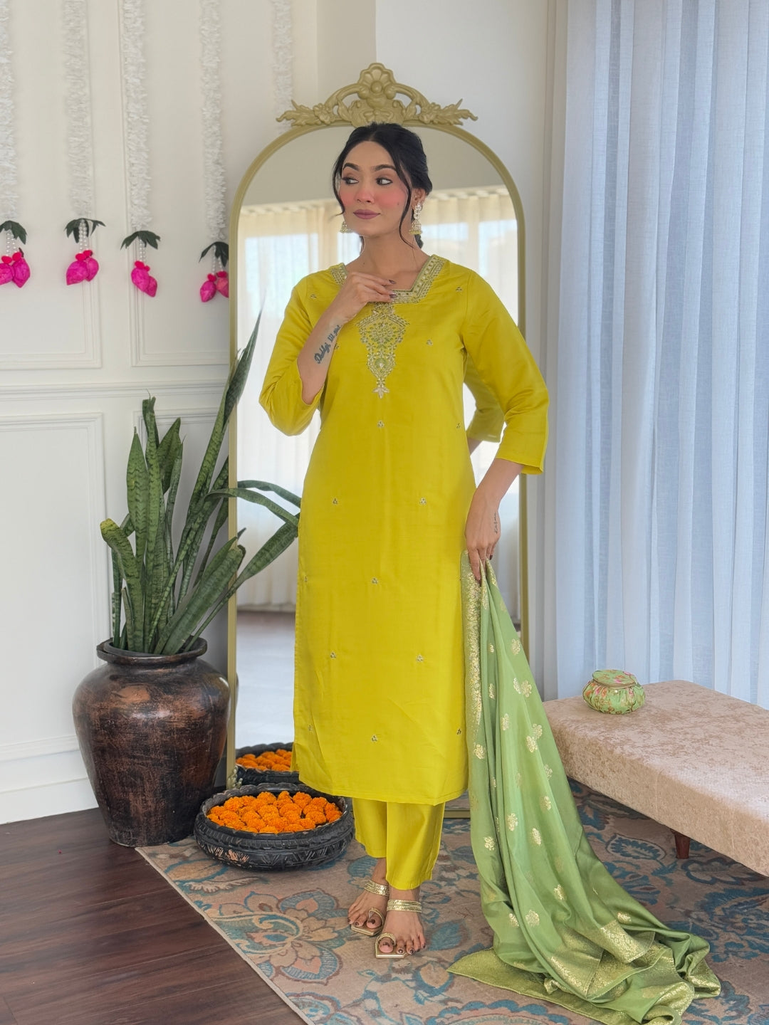 Women Mustard Yellow Chanderi Viscose Embroidered Kurta With Pant & Jacquard Dupatta