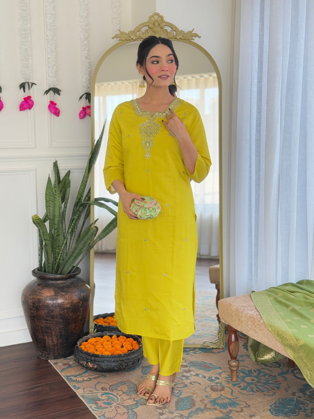 Women Mustard Yellow Chanderi Viscose Embroidered Kurta With Pant & Jacquard Dupatta