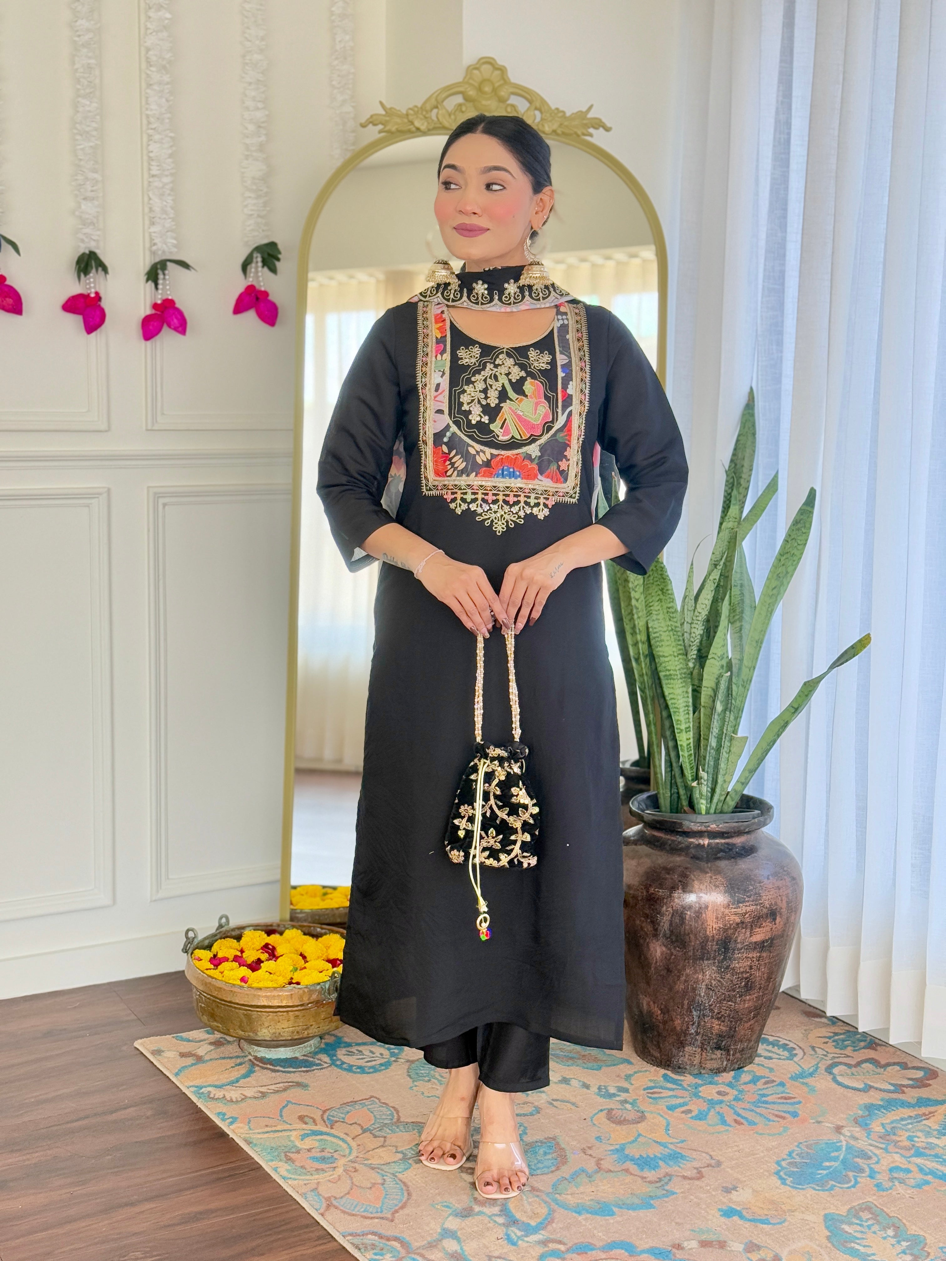 Viscose Chanderi Embroidered White Kurta with Pant and Dupatta for Traditional Kurta Set