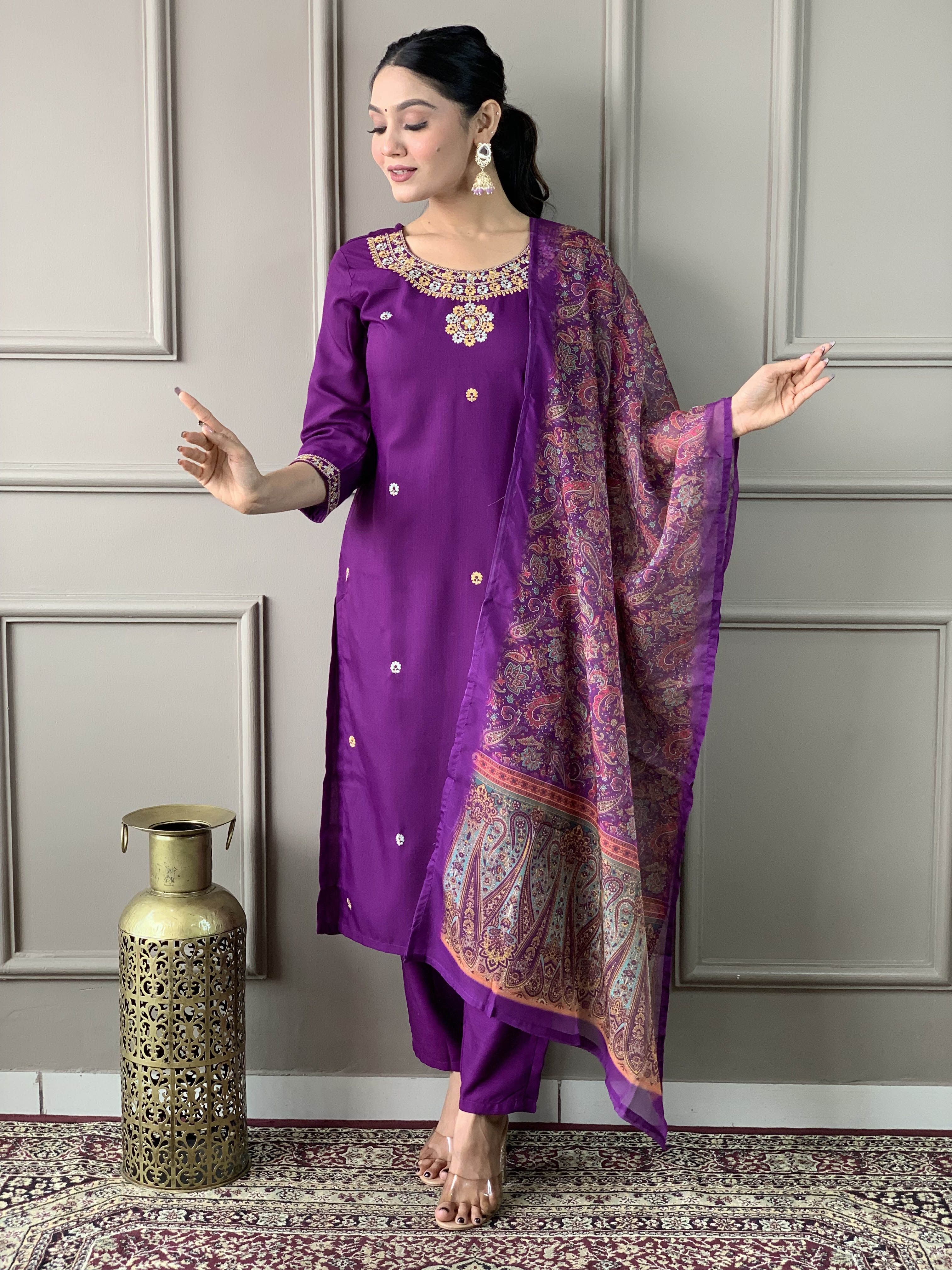 Women's  Rayon Slub  Embroidered Straight Kurta with  Rayon Slub  Pant & Organza Printed Dupatta Set