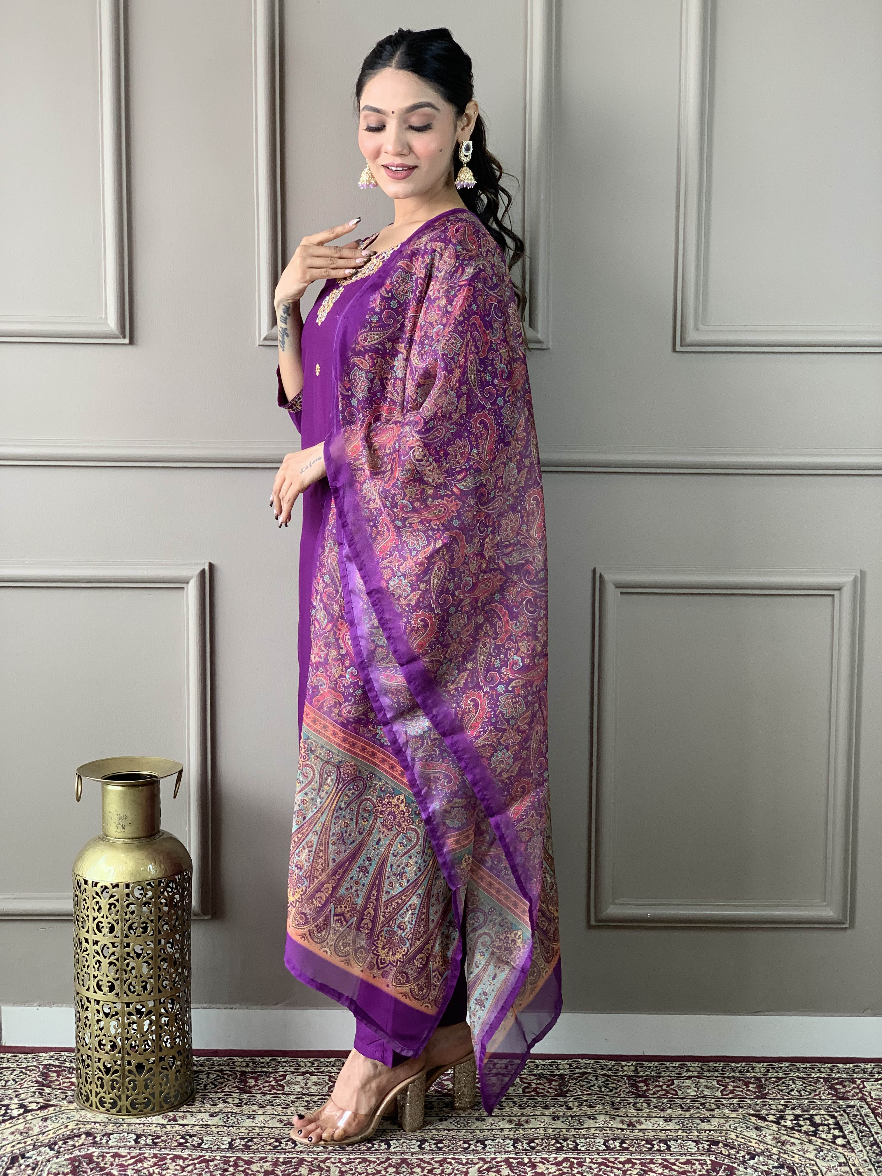 Women's  Rayon Slub  Embroidered Straight Kurta with  Rayon Slub  Pant & Organza Printed Dupatta Set