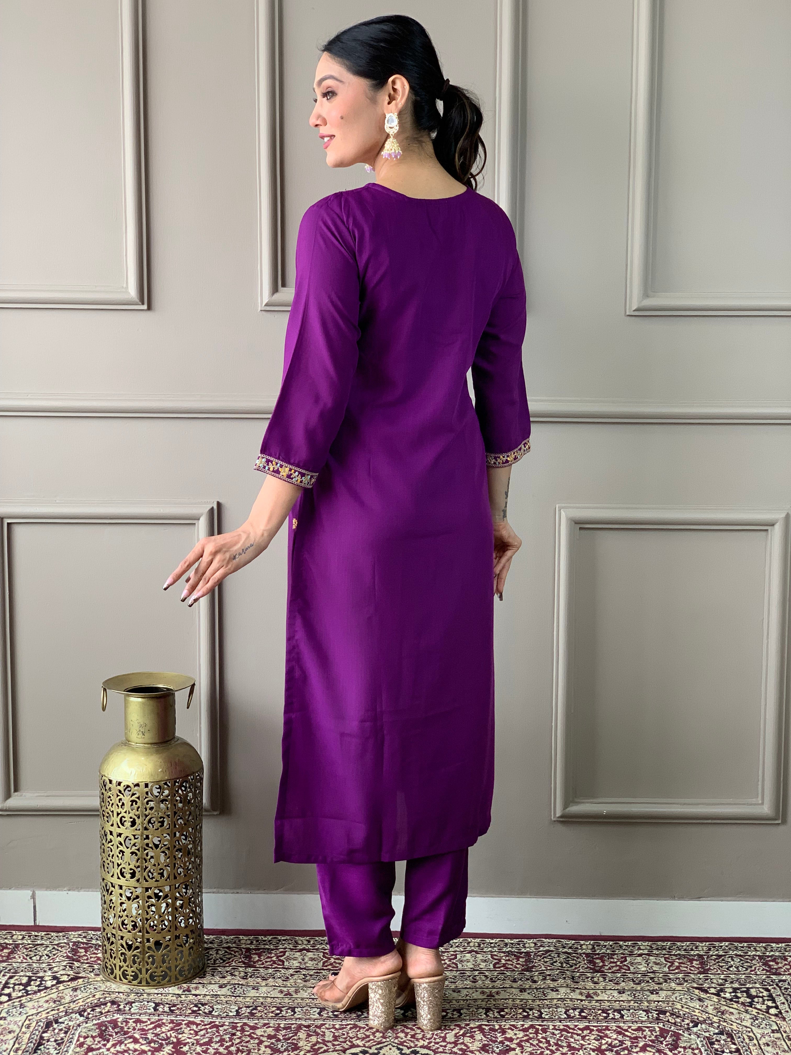 Women's  Rayon Slub  Embroidered Straight Kurta with  Rayon Slub  Pant & Organza Printed Dupatta Set